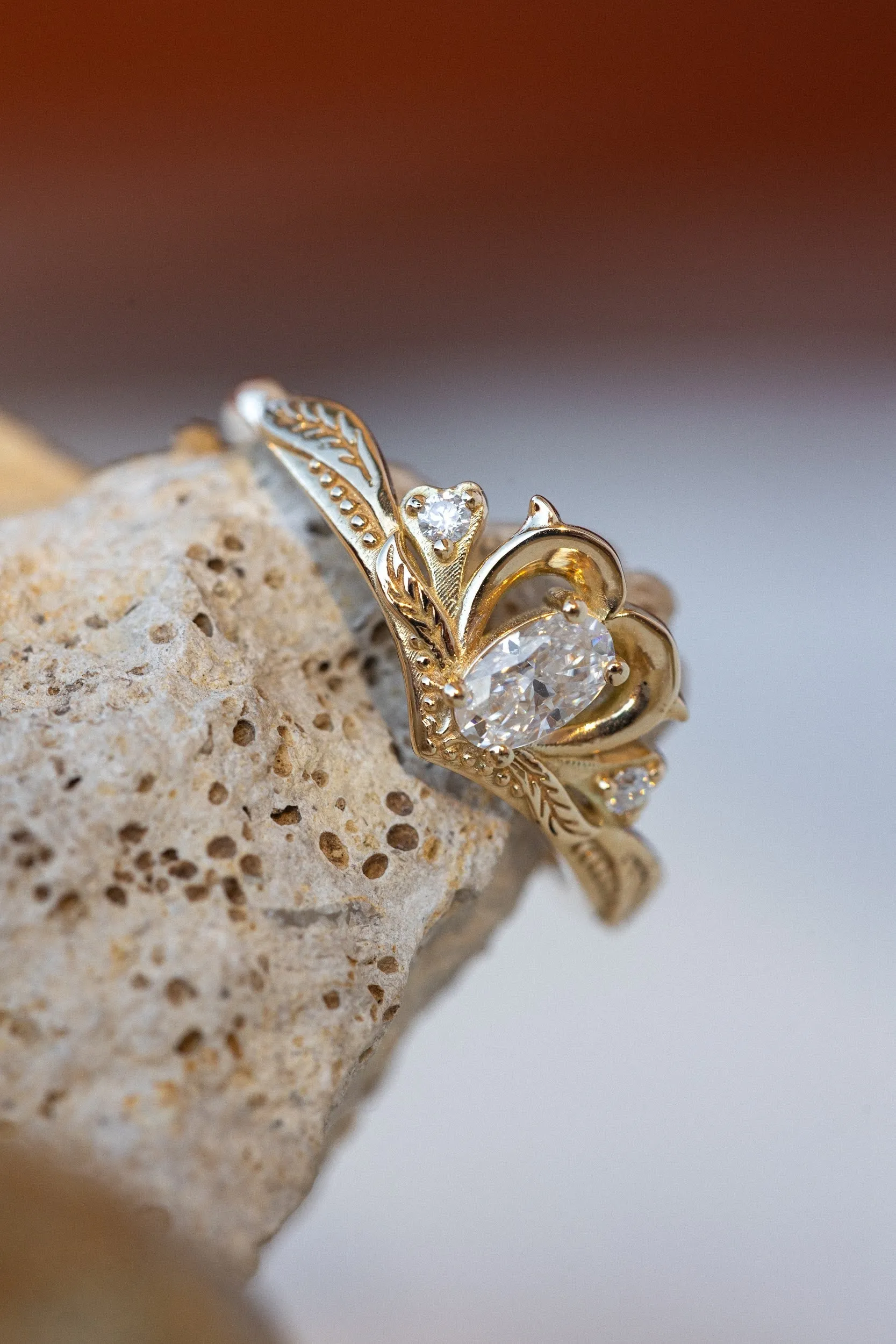 READY TO SHIP: Amura ring in 14K yellow gold, moissanite oval cut 4x3 mm, accent moissanites, AVAILABLE RING SIZES: 4-6US