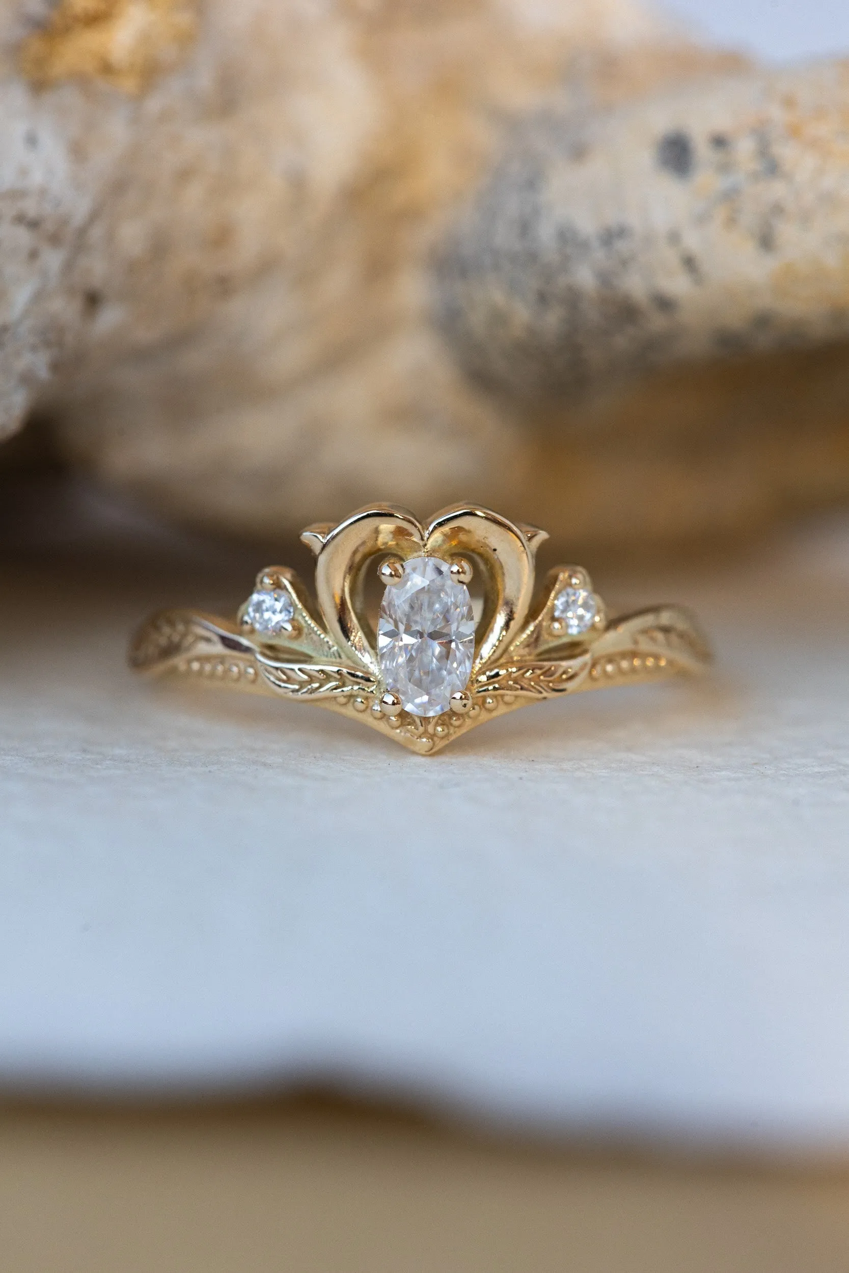 READY TO SHIP: Amura ring in 14K yellow gold, moissanite oval cut 4x3 mm, accent moissanites, AVAILABLE RING SIZES: 4-6US