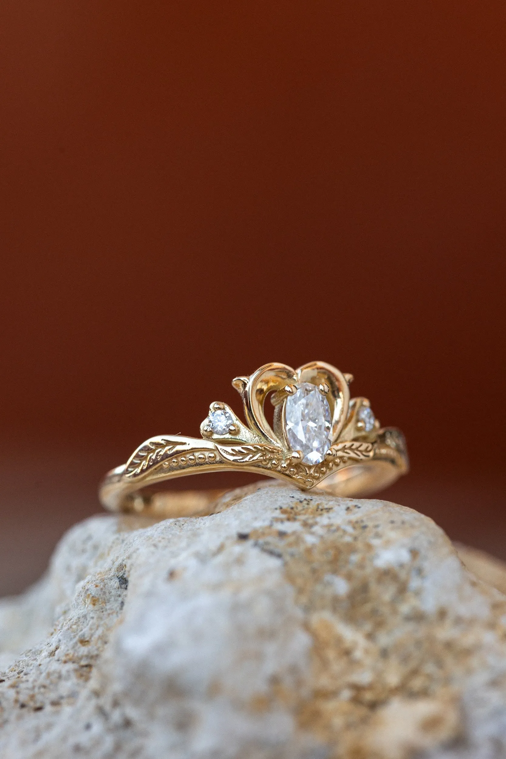 READY TO SHIP: Amura ring in 14K yellow gold, moissanite oval cut 4x3 mm, accent moissanites, AVAILABLE RING SIZES: 4-6US