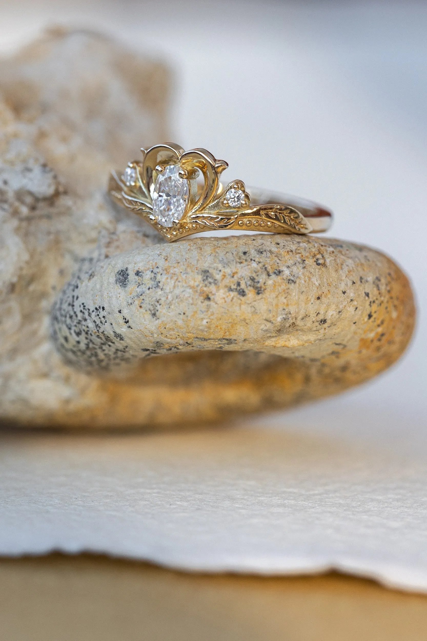 READY TO SHIP: Amura ring in 14K yellow gold, moissanite oval cut 4x3 mm, accent moissanites, AVAILABLE RING SIZES: 4-6US