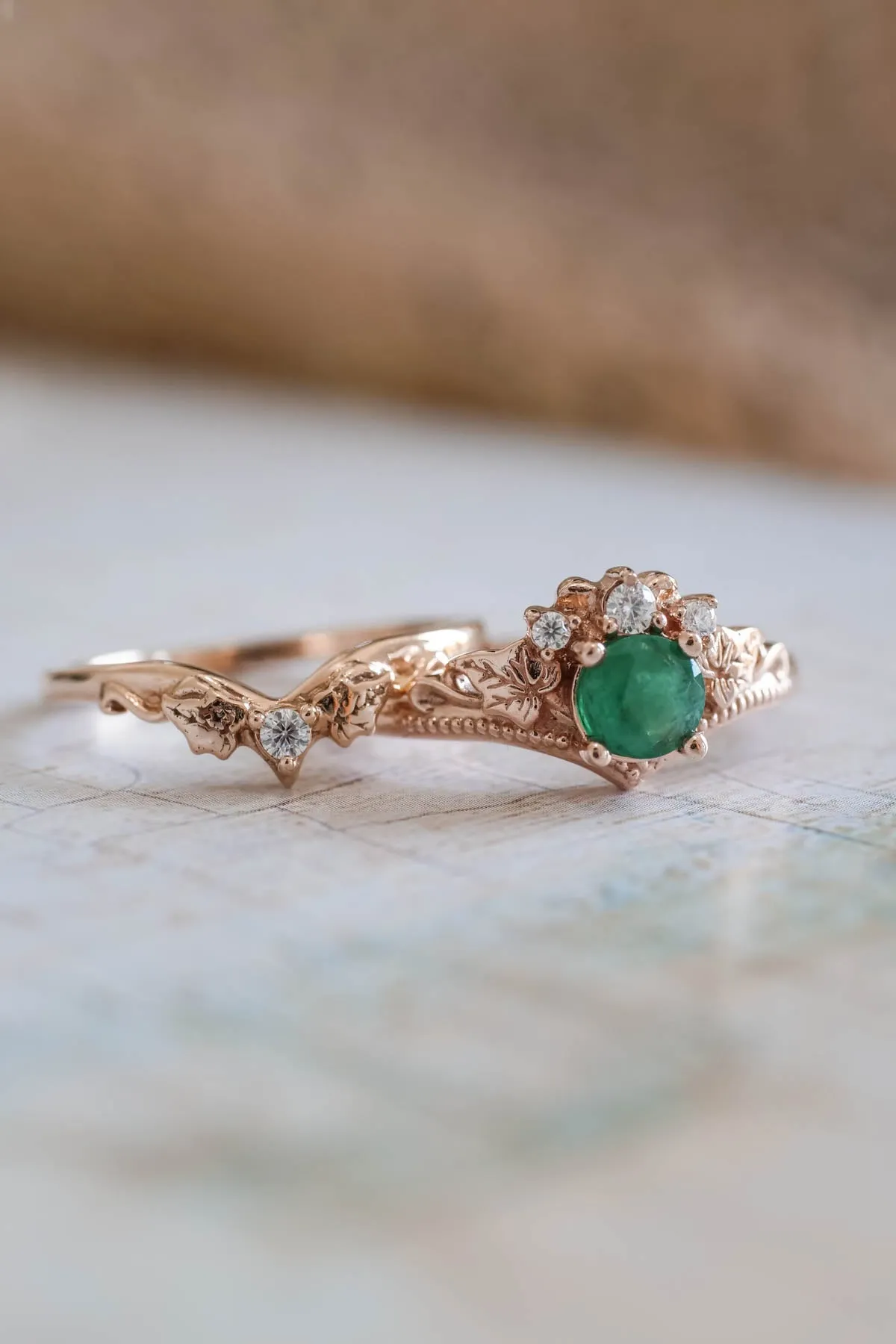 READY TO SHIP: Ariadne set in 14K rose gold, 5 mm round cut natural emerald, moissanites, RING SIZE - 6.75 US