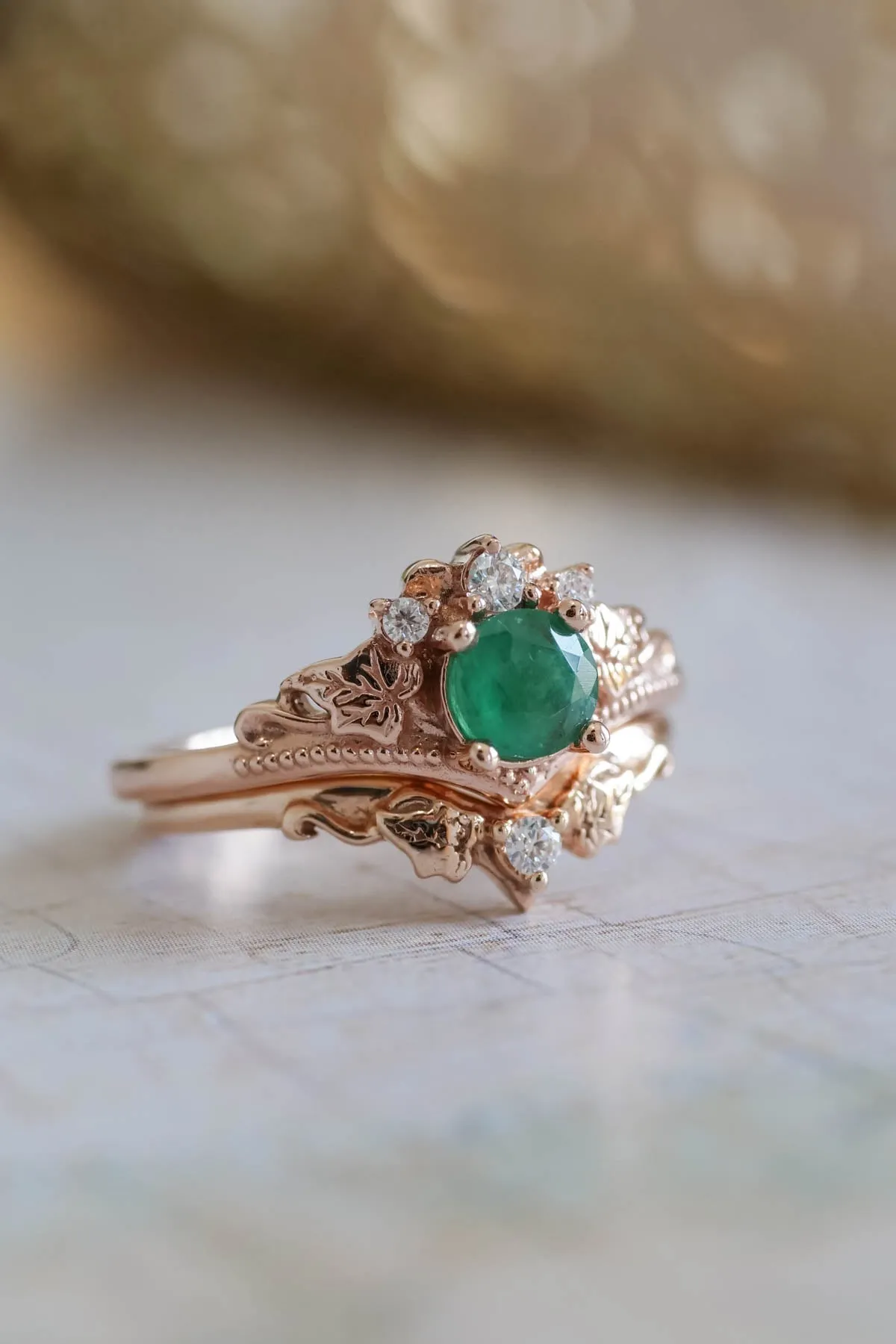 READY TO SHIP: Ariadne set in 14K rose gold, 5 mm round cut natural emerald, moissanites, RING SIZE - 6.75 US