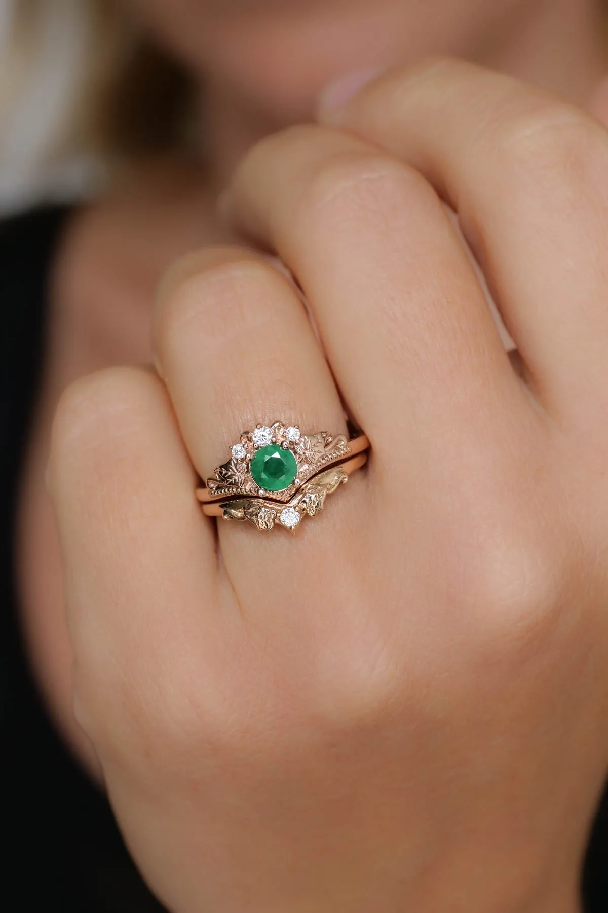 READY TO SHIP: Ariadne set in 14K rose gold, 5 mm round cut natural emerald, moissanites, RING SIZE - 6.75 US