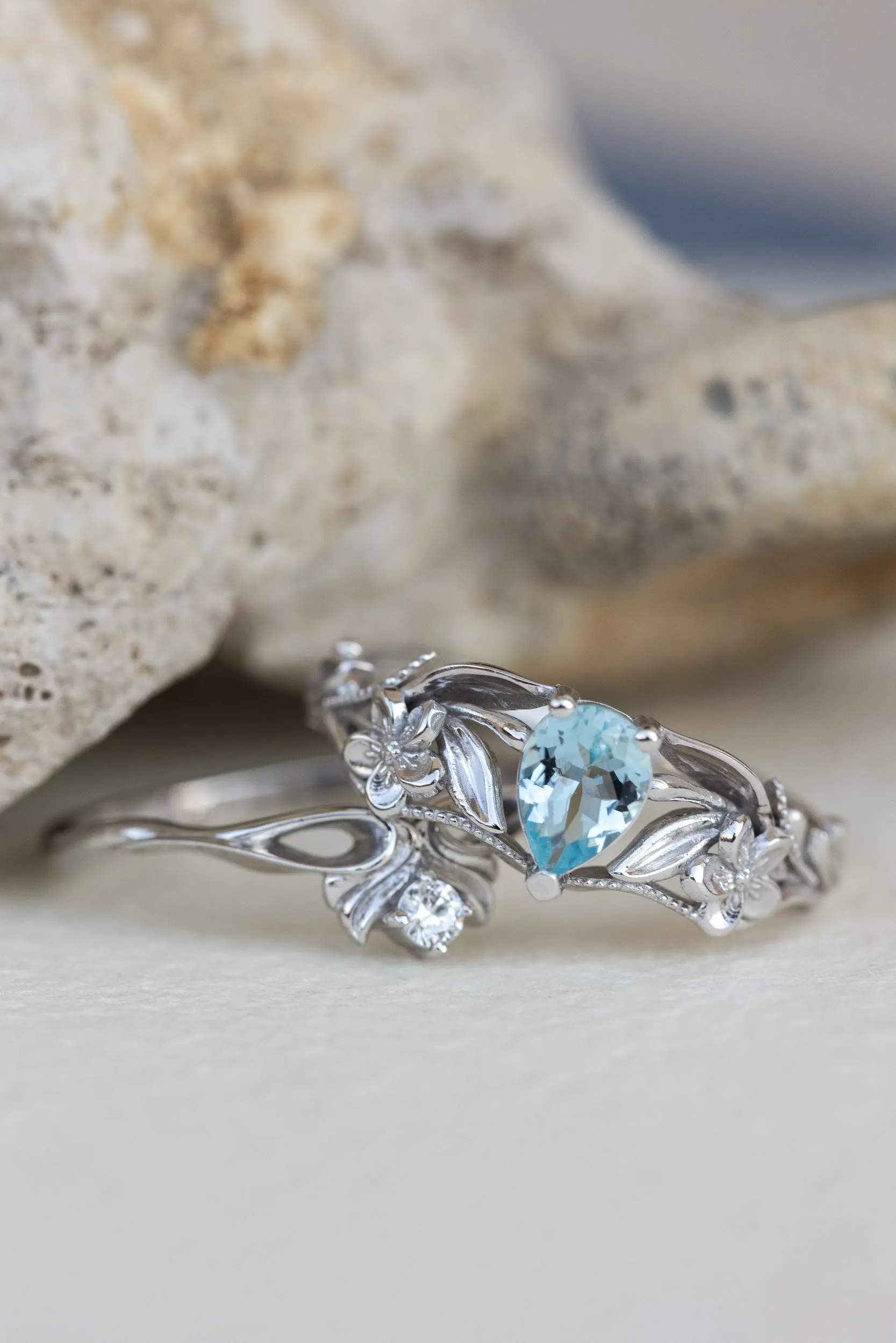 READY TO SHIP: Eloise ring in 14K white gold, natural aquamarine pear cut 7x5 mm, AVAILABLE RING SIZES: 8-10US