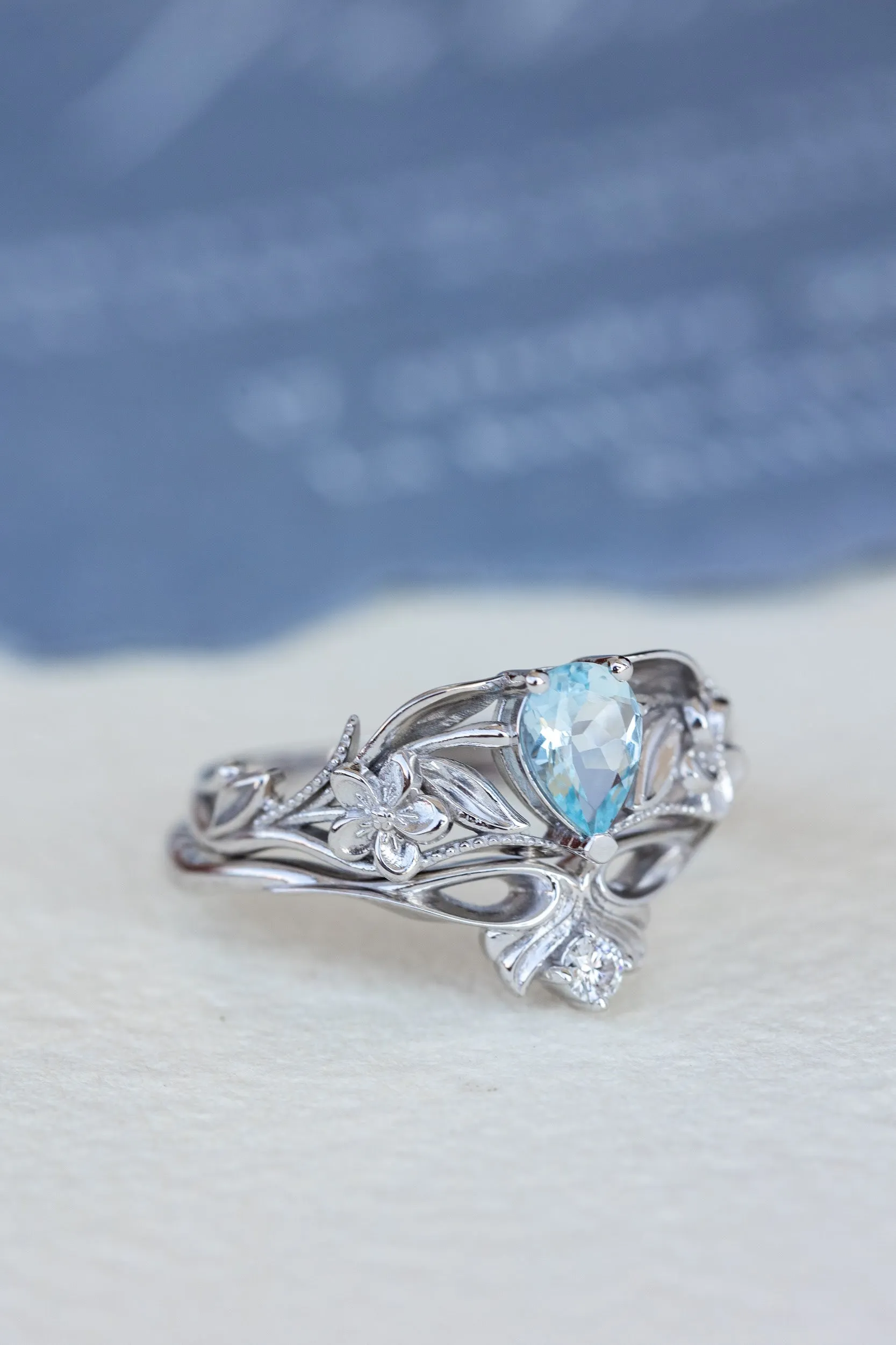 READY TO SHIP: Eloise ring in 14K white gold, natural aquamarine pear cut 7x5 mm, AVAILABLE RING SIZES: 8-10US