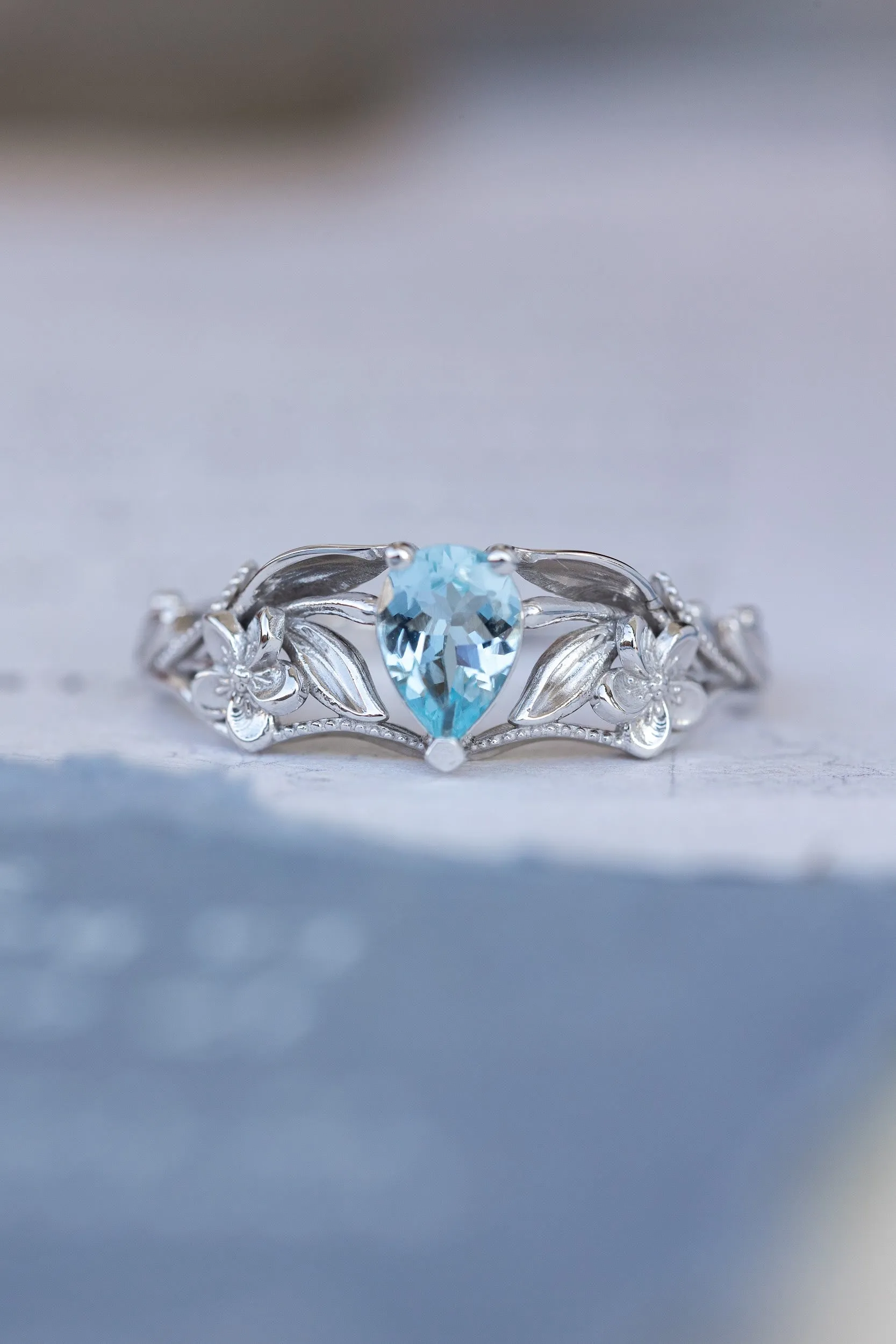 READY TO SHIP: Eloise ring in 14K white gold, natural aquamarine pear cut 7x5 mm, AVAILABLE RING SIZES: 8-10US