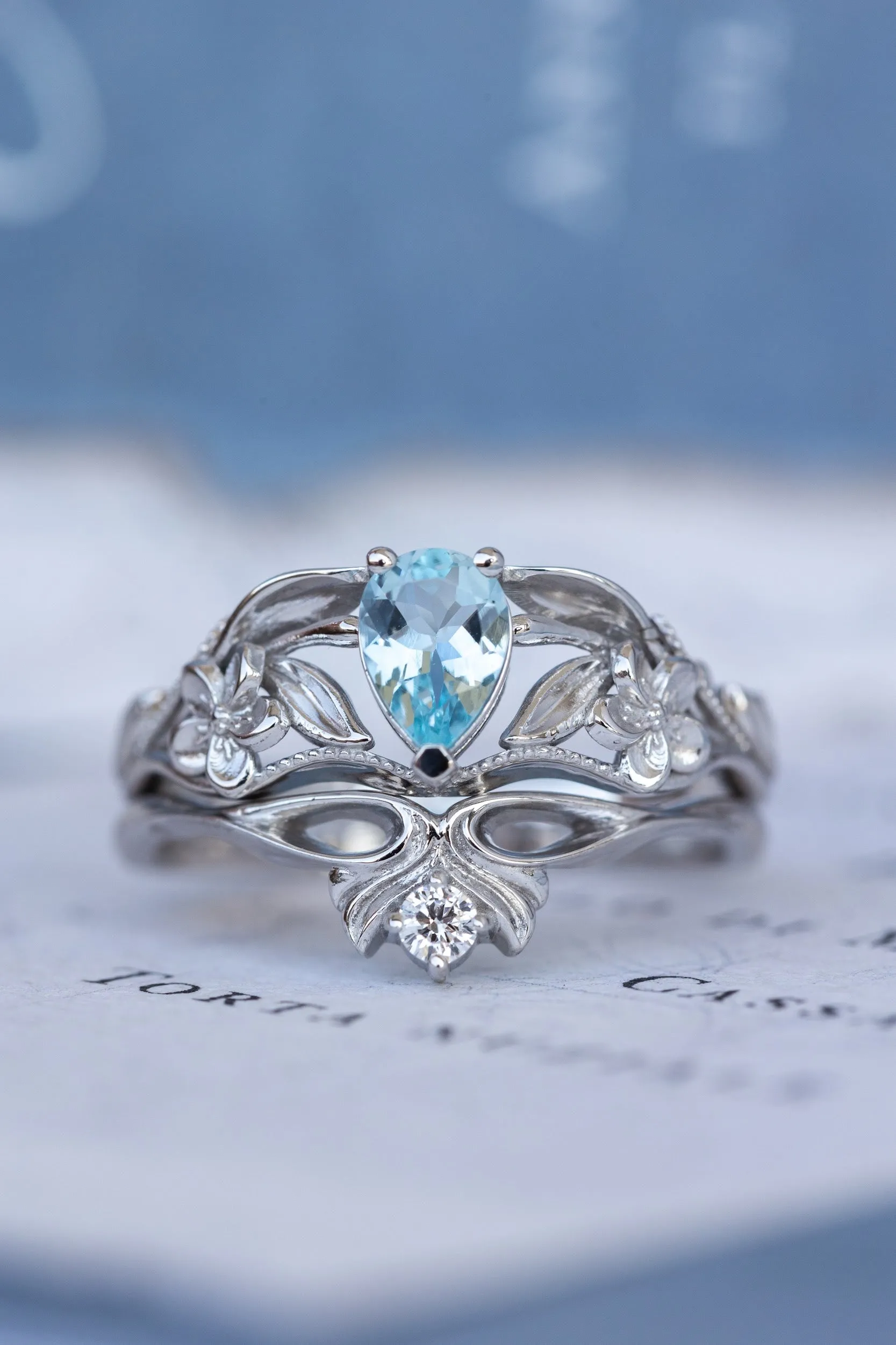 READY TO SHIP: Eloise ring in 14K white gold, natural aquamarine pear cut 7x5 mm, AVAILABLE RING SIZES: 8-10US