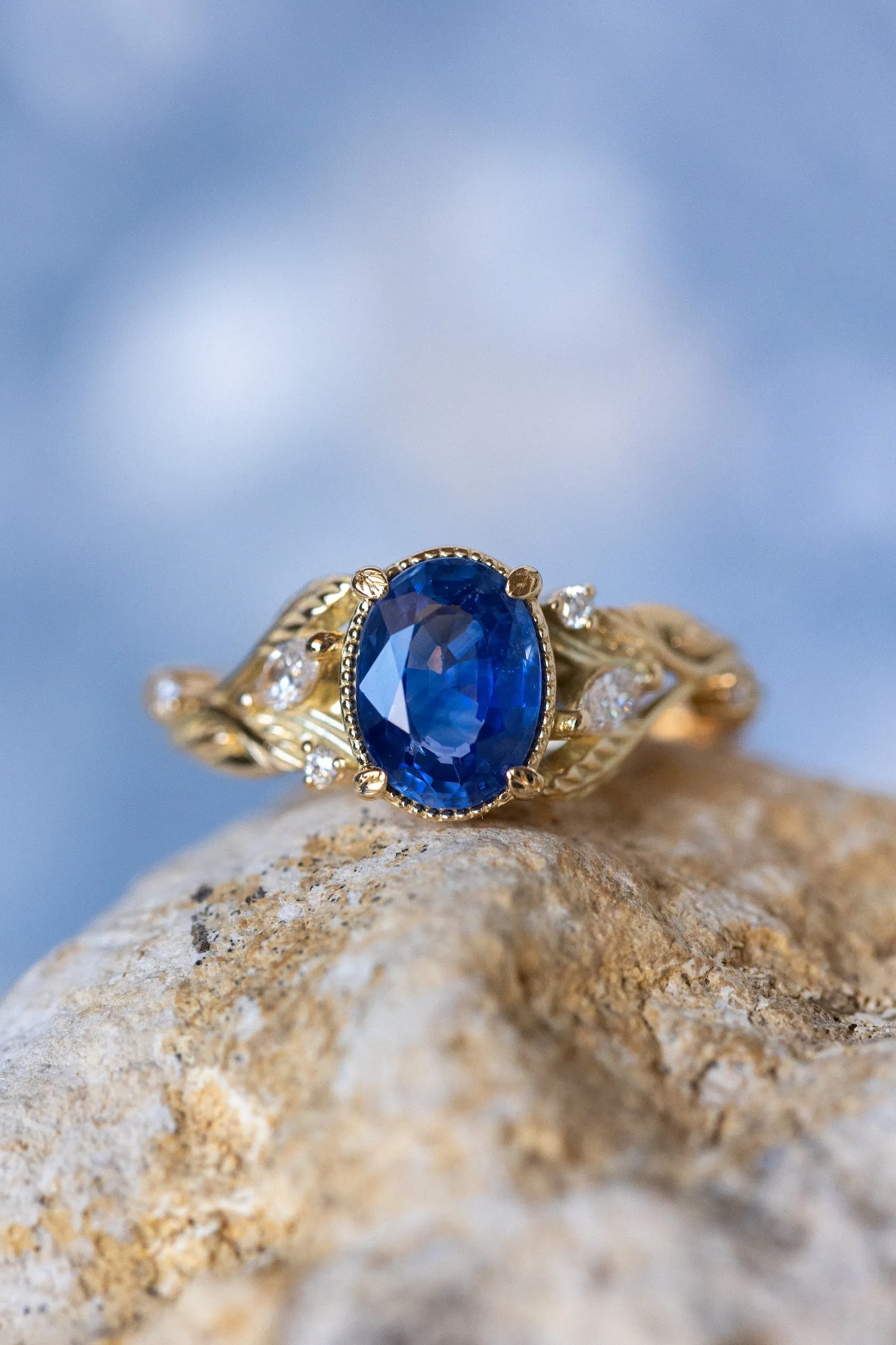 READY TO SHIP: Patricia ring in 14K rose/yellow/white gold, natural blue sapphire oval cut 8x6 mm, accent lab grown diamonds, AVAILABLE RING SIZES: 6-8US