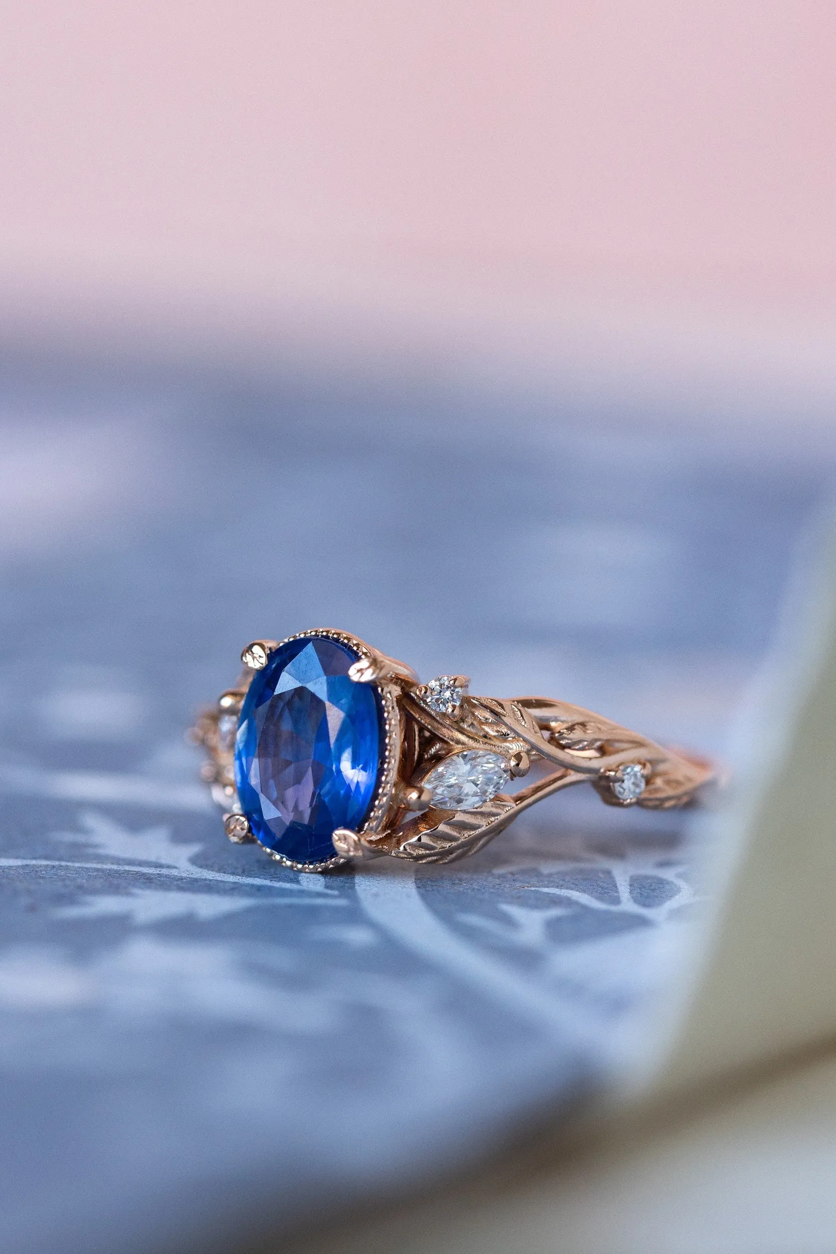 READY TO SHIP: Patricia ring in 14K rose/yellow/white gold, natural blue sapphire oval cut 8x6 mm, accent lab grown diamonds, AVAILABLE RING SIZES: 6-8US