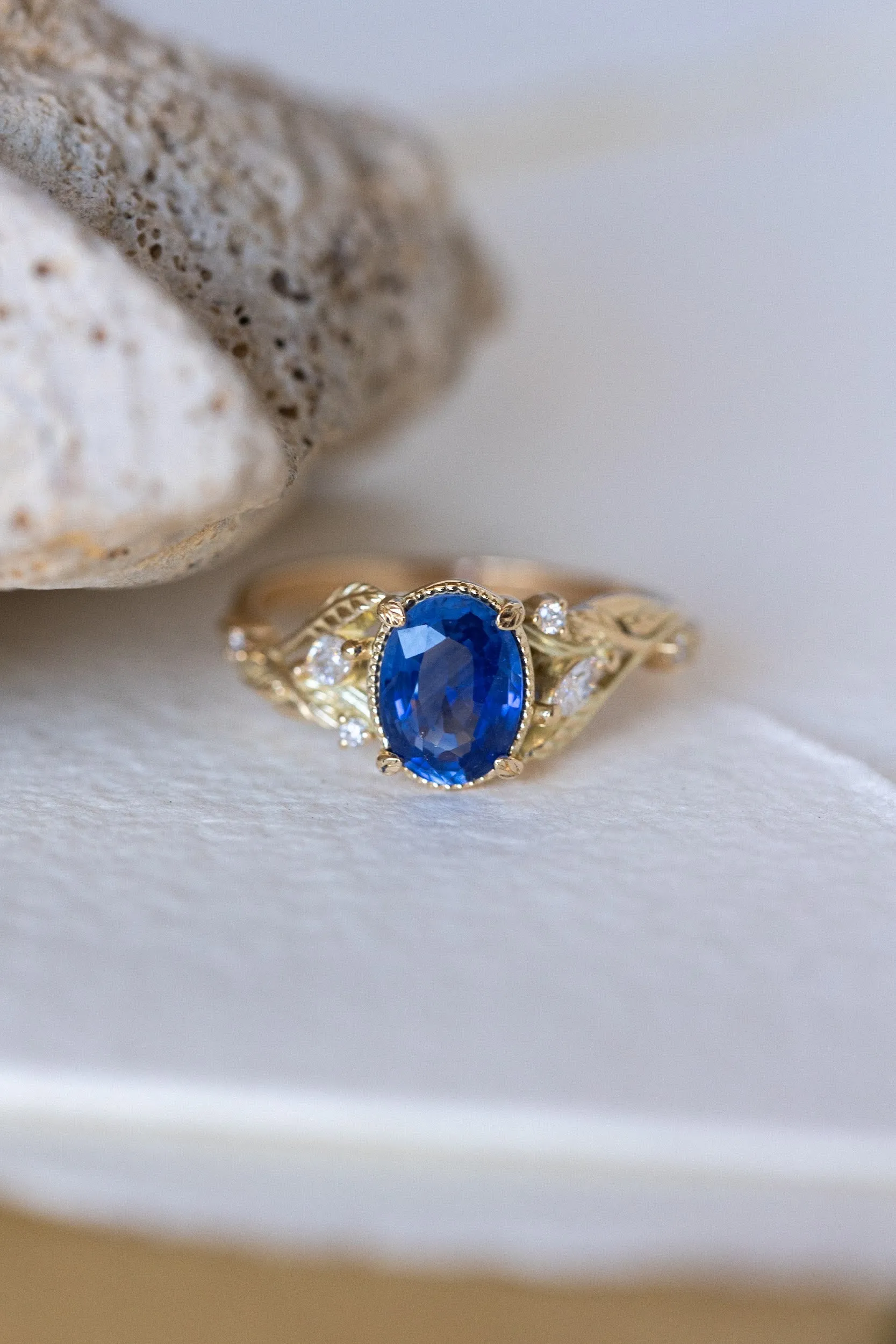 READY TO SHIP: Patricia ring in 14K rose/yellow/white gold, natural blue sapphire oval cut 8x6 mm, accent lab grown diamonds, AVAILABLE RING SIZES: 6-8US