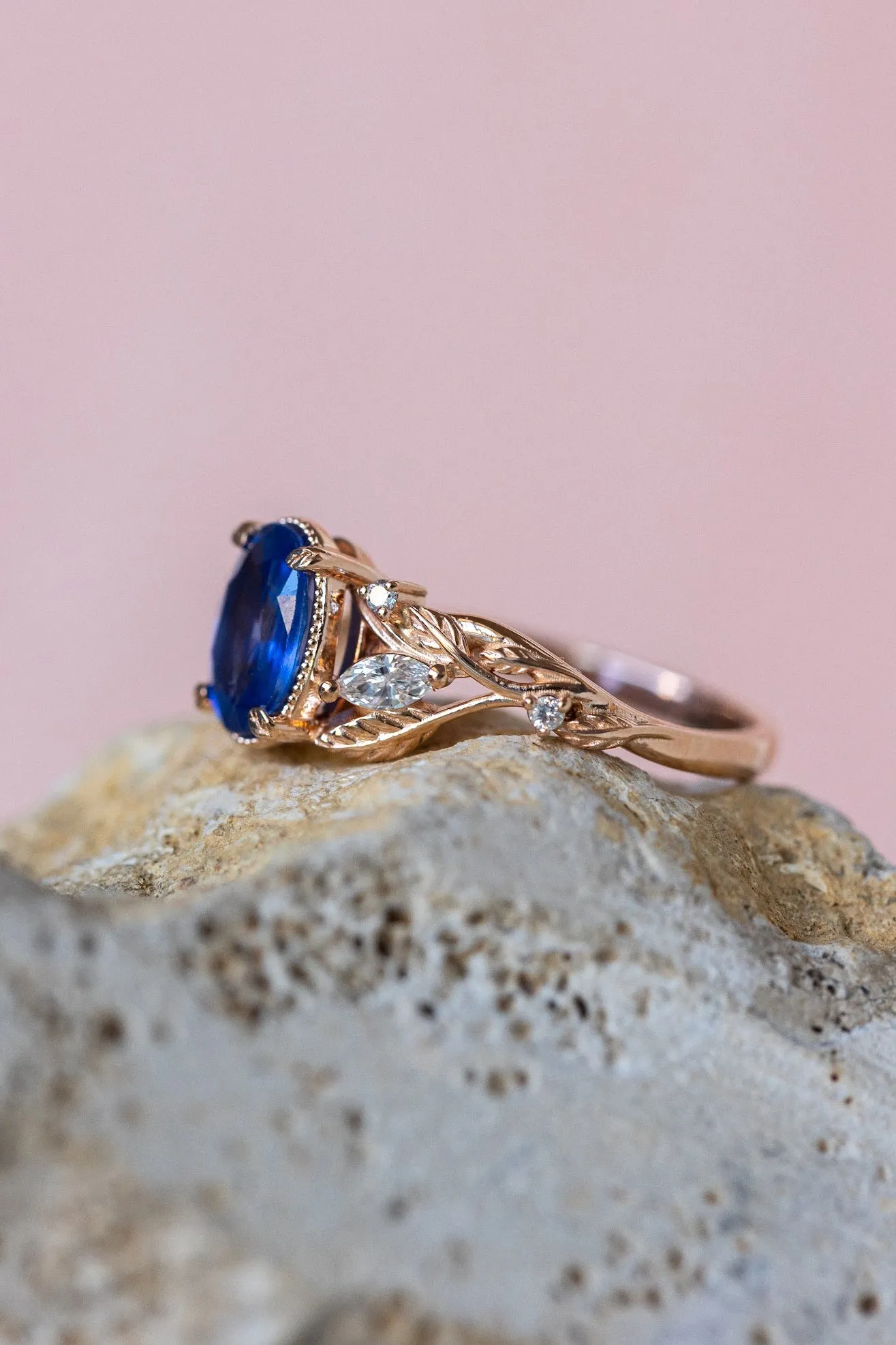 READY TO SHIP: Patricia ring in 14K rose/yellow/white gold, natural blue sapphire oval cut 8x6 mm, accent lab grown diamonds, AVAILABLE RING SIZES: 6-8US