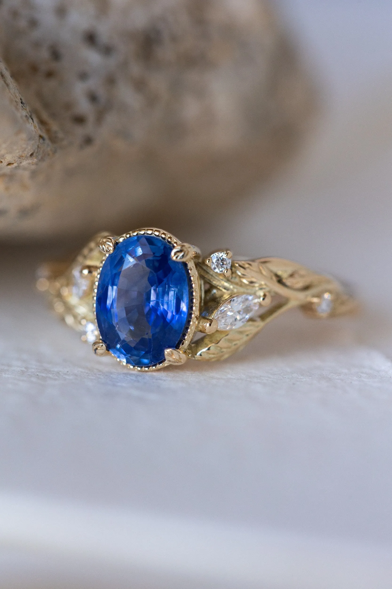 READY TO SHIP: Patricia ring in 14K rose/yellow/white gold, natural blue sapphire oval cut 8x6 mm, accent lab grown diamonds, AVAILABLE RING SIZES: 6-8US