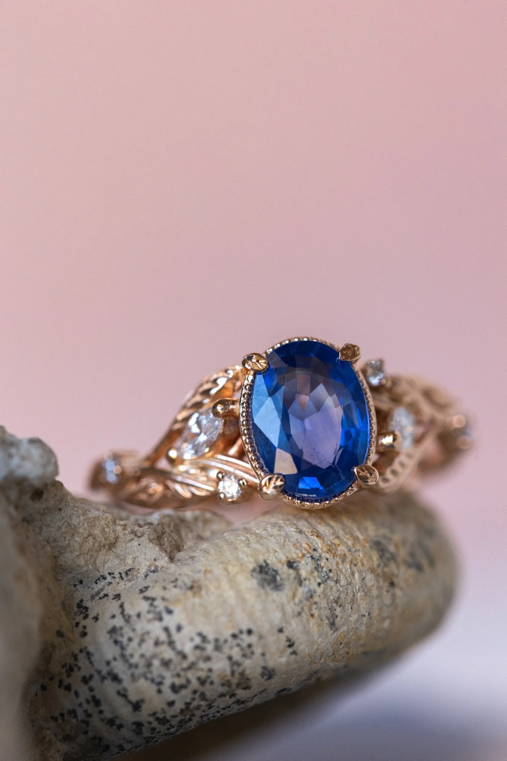 READY TO SHIP: Patricia ring in 14K rose/yellow/white gold, natural blue sapphire oval cut 8x6 mm, accent lab grown diamonds, AVAILABLE RING SIZES: 6-8US