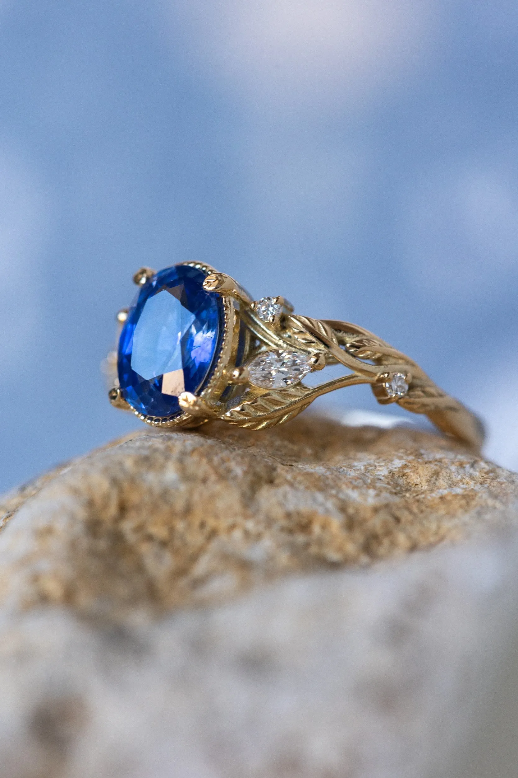 READY TO SHIP: Patricia ring in 14K rose/yellow/white gold, natural blue sapphire oval cut 8x6 mm, accent lab grown diamonds, AVAILABLE RING SIZES: 6-8US