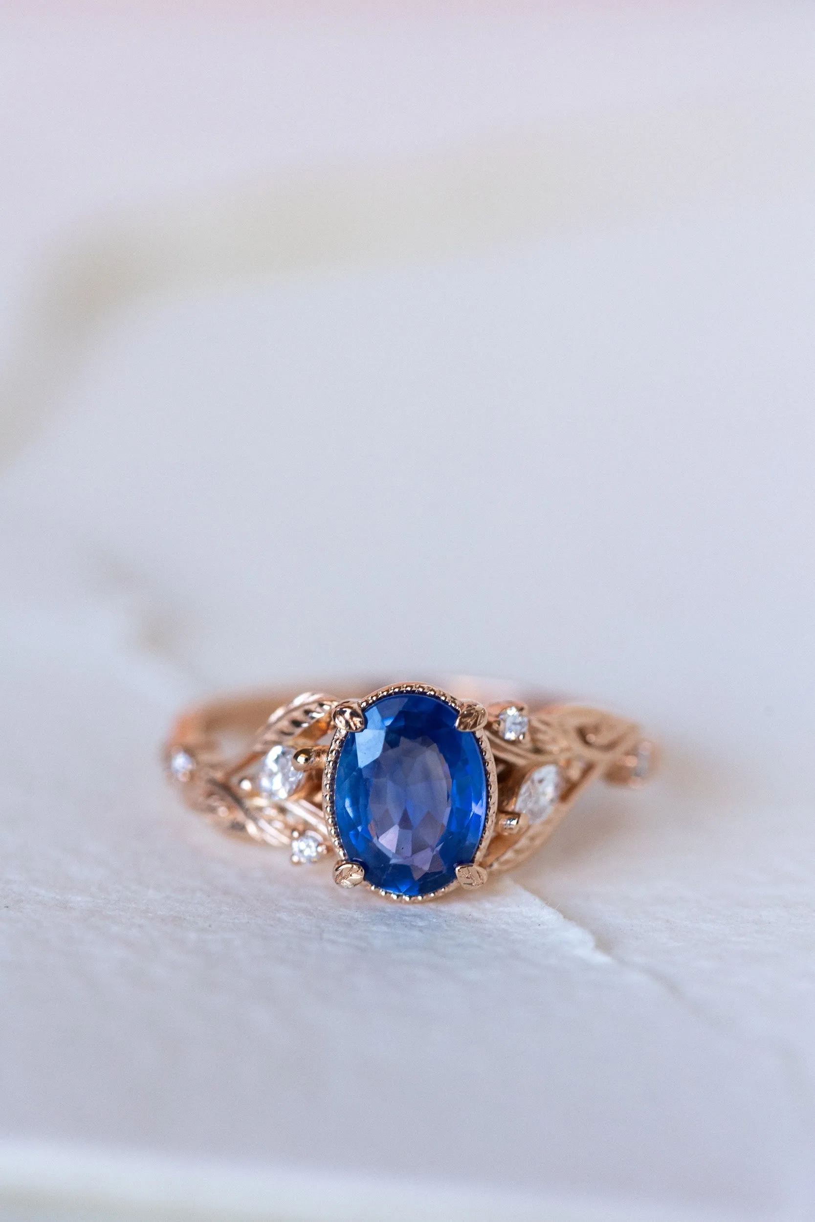 READY TO SHIP: Patricia ring in 14K rose/yellow/white gold, natural blue sapphire oval cut 8x6 mm, accent lab grown diamonds, AVAILABLE RING SIZES: 6-8US