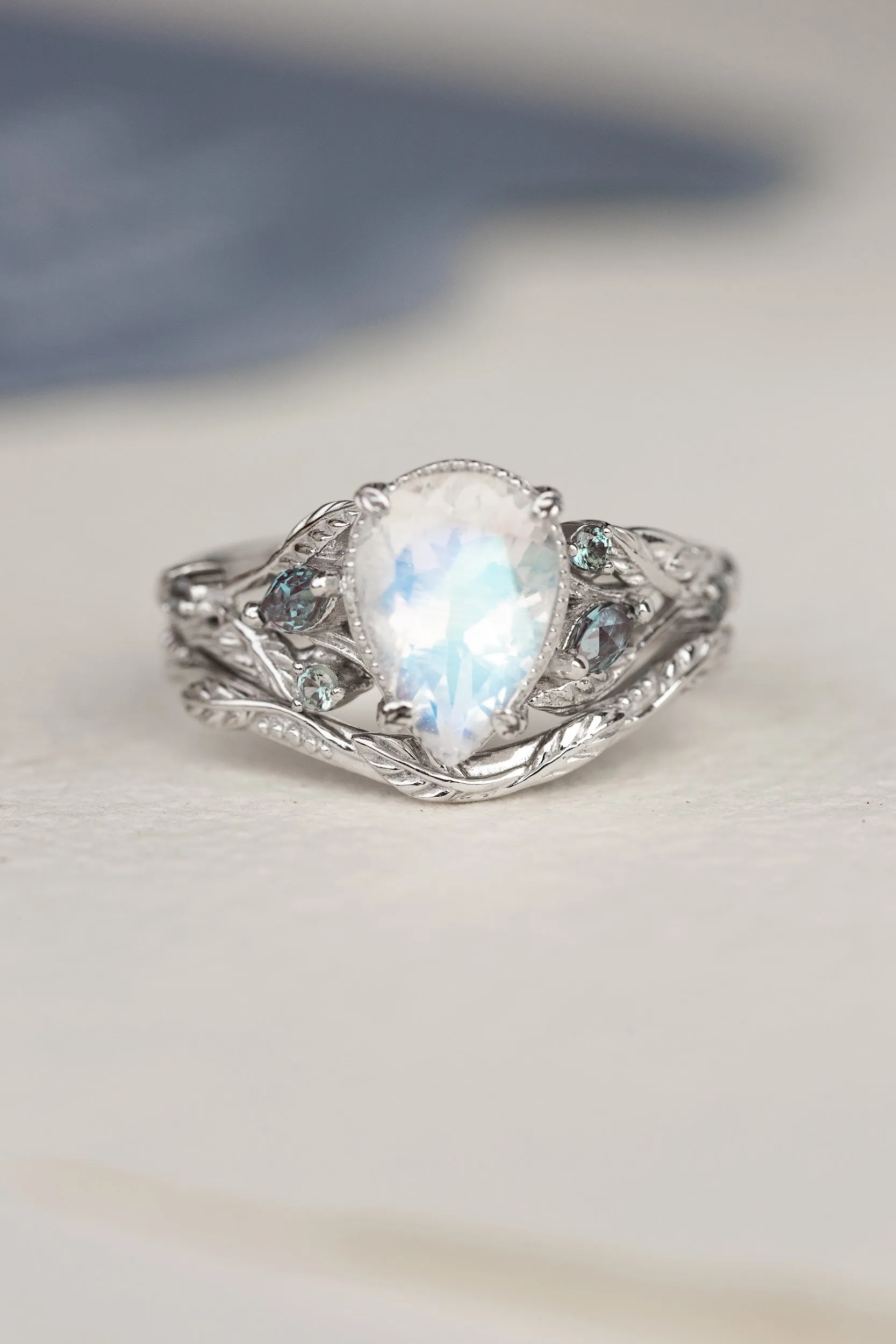 READY TO SHIP: Patricia ring in 14K white gold, natural moonstone pear cut 10x7 mm, accent lab alexandrites, AVAILABLE RING SIZES: 5.5-7.5US