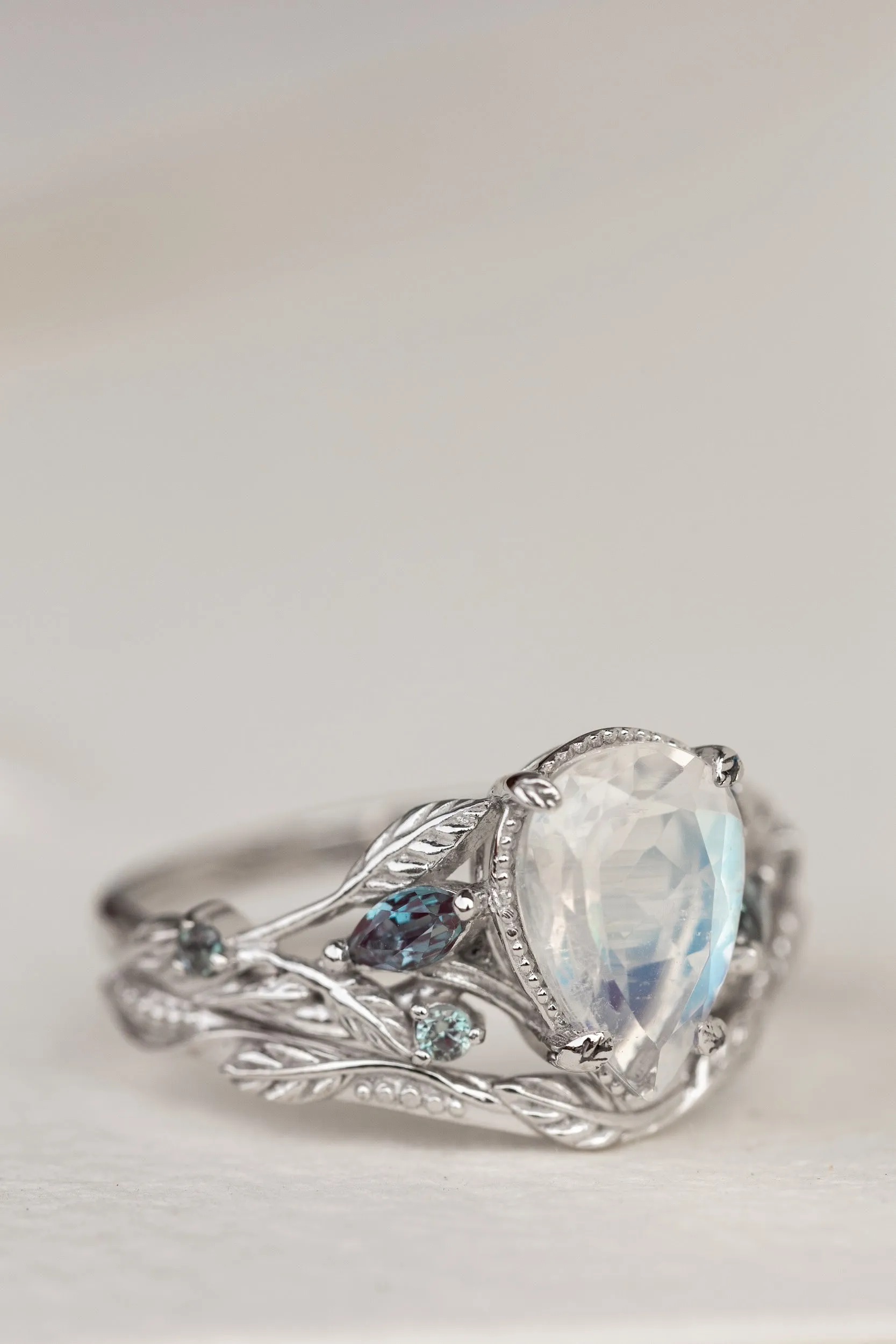 READY TO SHIP: Patricia ring in 14K white gold, natural moonstone pear cut 10x7 mm, accent lab alexandrites, AVAILABLE RING SIZES: 5.5-7.5US