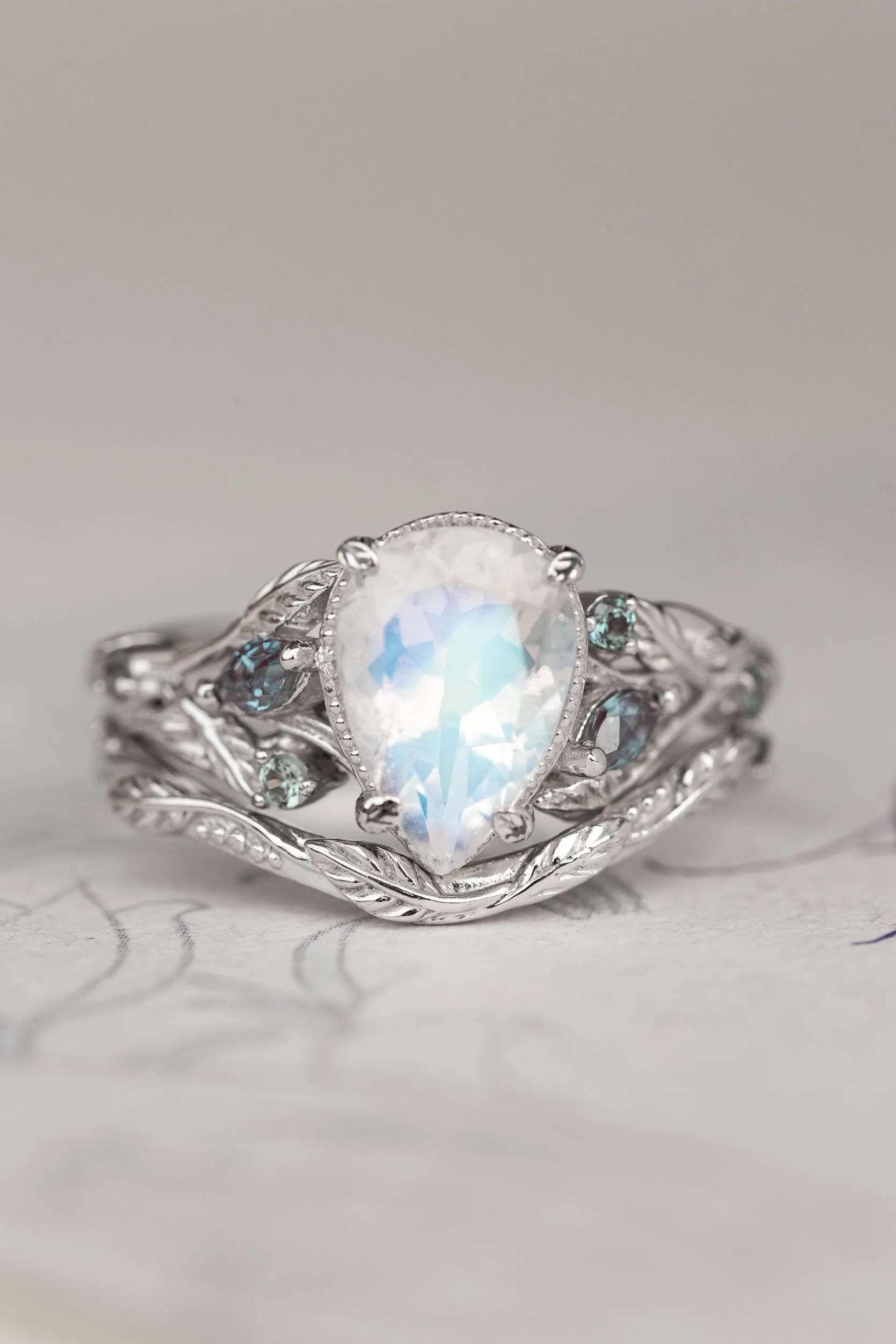 READY TO SHIP: Patricia ring in 14K white gold, natural moonstone pear cut 10x7 mm, accent lab alexandrites, AVAILABLE RING SIZES: 5.5-7.5US