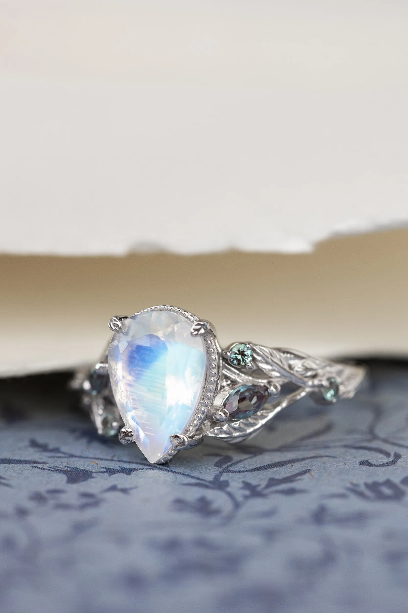 READY TO SHIP: Patricia ring in 14K white gold, natural moonstone pear cut 10x7 mm, accent lab alexandrites, AVAILABLE RING SIZES: 5.5-7.5US