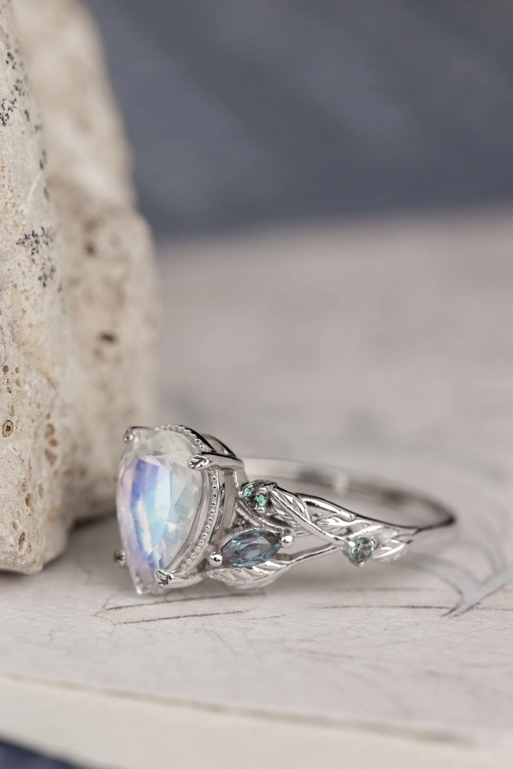 READY TO SHIP: Patricia ring in 14K white gold, natural moonstone pear cut 10x7 mm, accent lab alexandrites, AVAILABLE RING SIZES: 5.5-7.5US