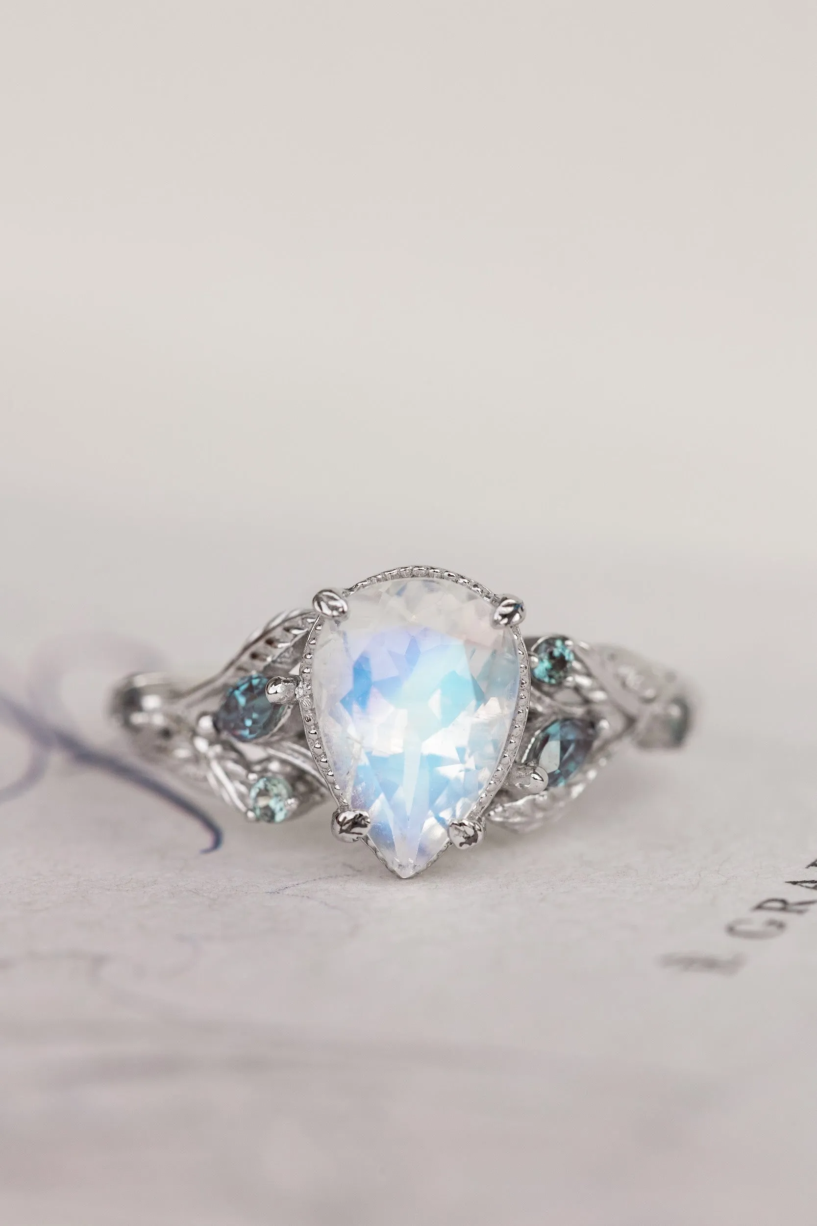 READY TO SHIP: Patricia ring in 14K white gold, natural moonstone pear cut 10x7 mm, accent lab alexandrites, AVAILABLE RING SIZES: 5.5-7.5US