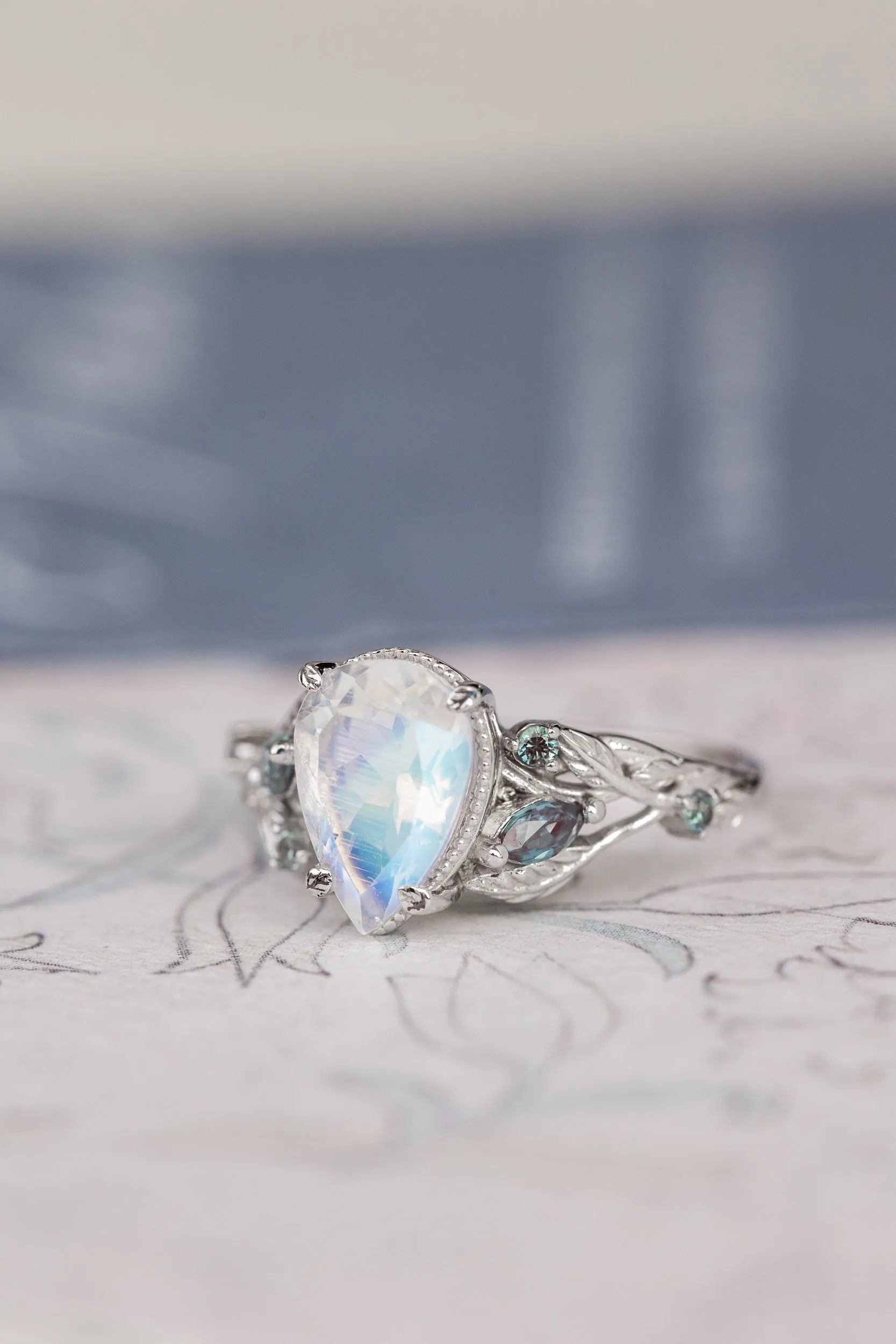 READY TO SHIP: Patricia ring in 14K white gold, natural moonstone pear cut 10x7 mm, accent lab alexandrites, AVAILABLE RING SIZES: 5.5-7.5US