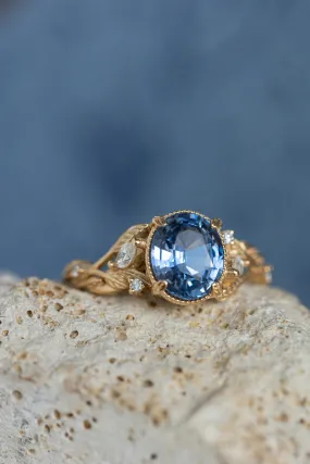 READY TO SHIP: Patricia ring in 14K yellow gold, natural sapphire oval cut 8x6* mm, accent natural diamonds, AVAILABLE RING SIZES: 6-8US