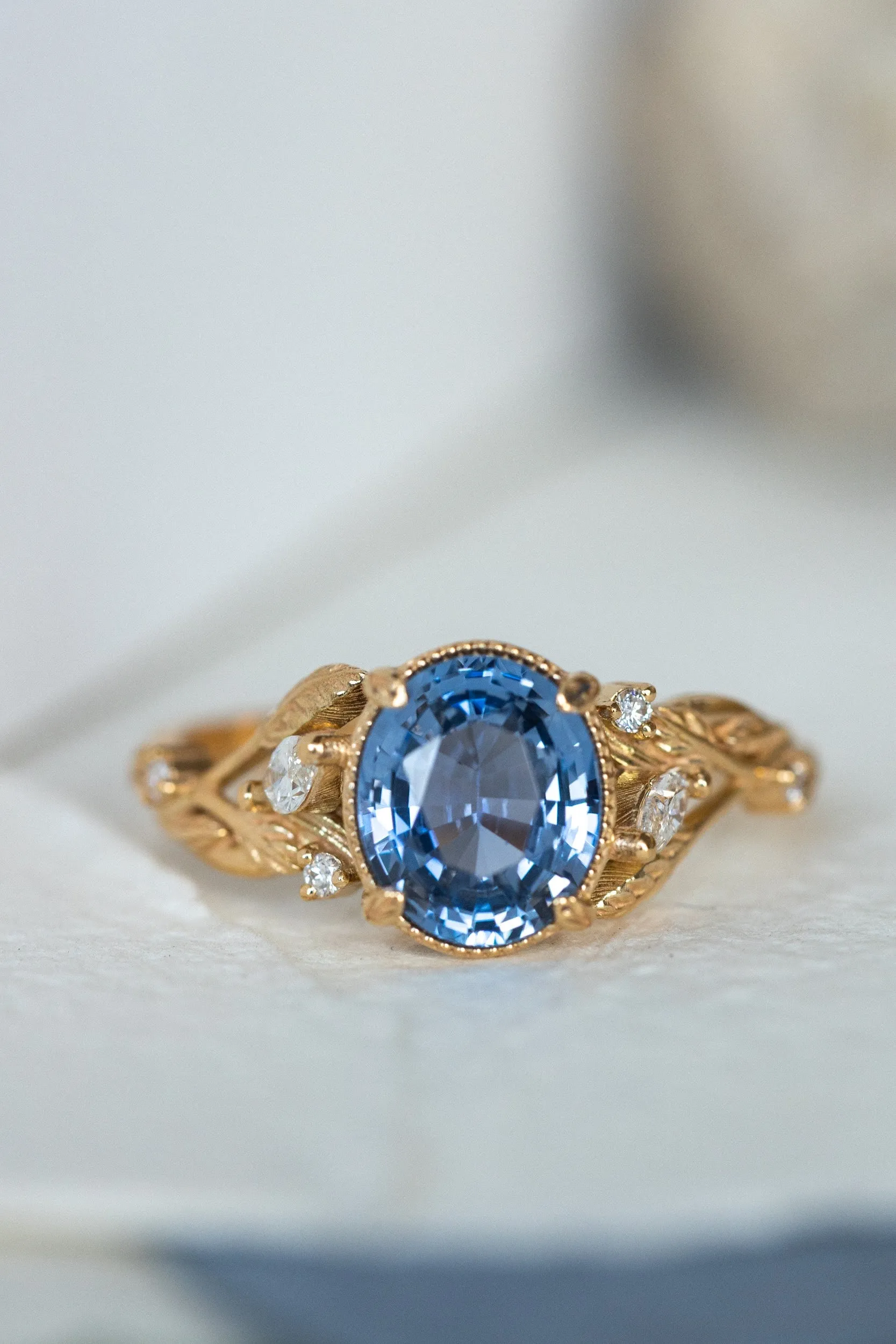 READY TO SHIP: Patricia ring in 14K yellow gold, natural sapphire oval cut 8x6* mm, accent natural diamonds, AVAILABLE RING SIZES: 6-8US