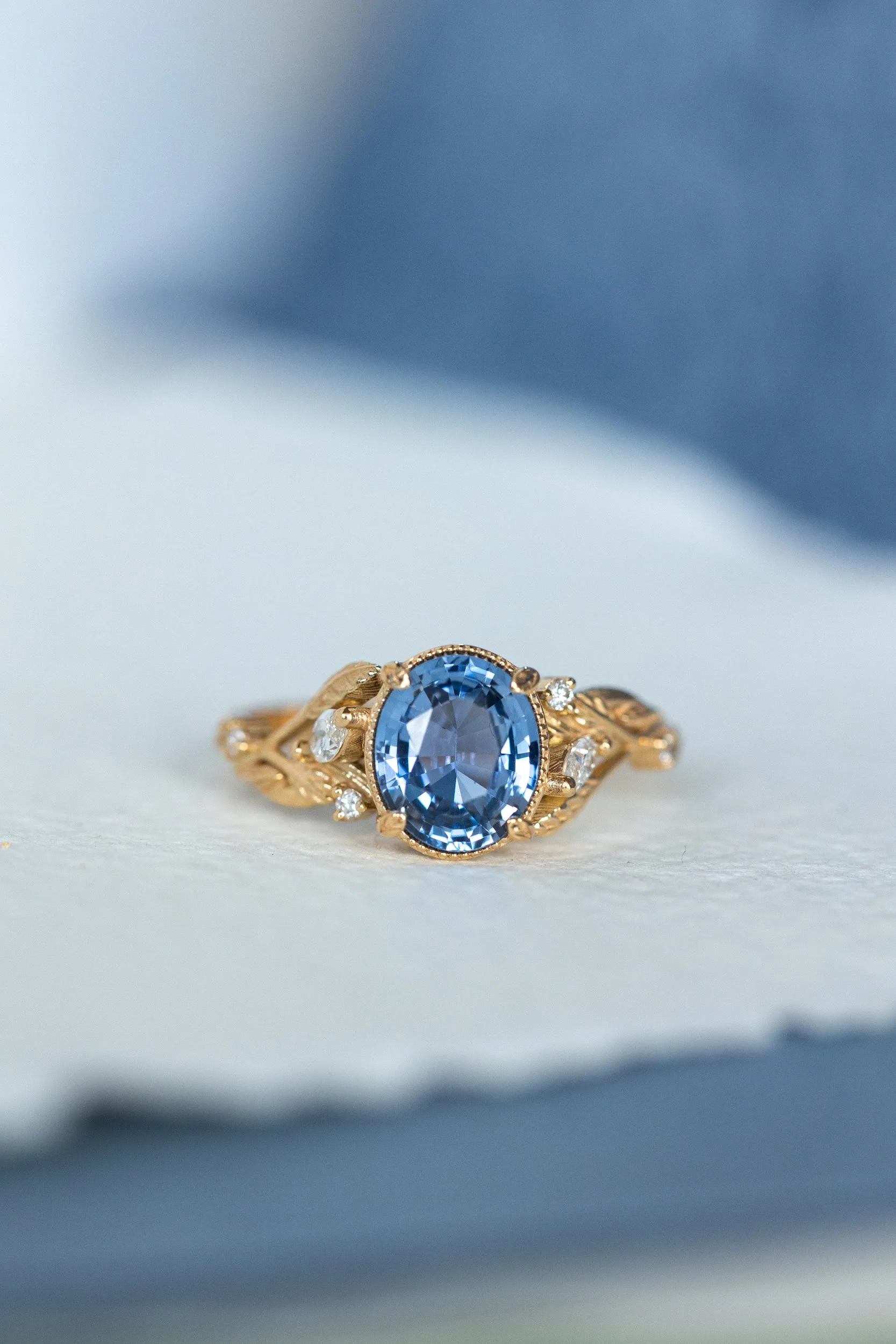 READY TO SHIP: Patricia ring in 14K yellow gold, natural sapphire oval cut 8x6* mm, accent natural diamonds, AVAILABLE RING SIZES: 6-8US