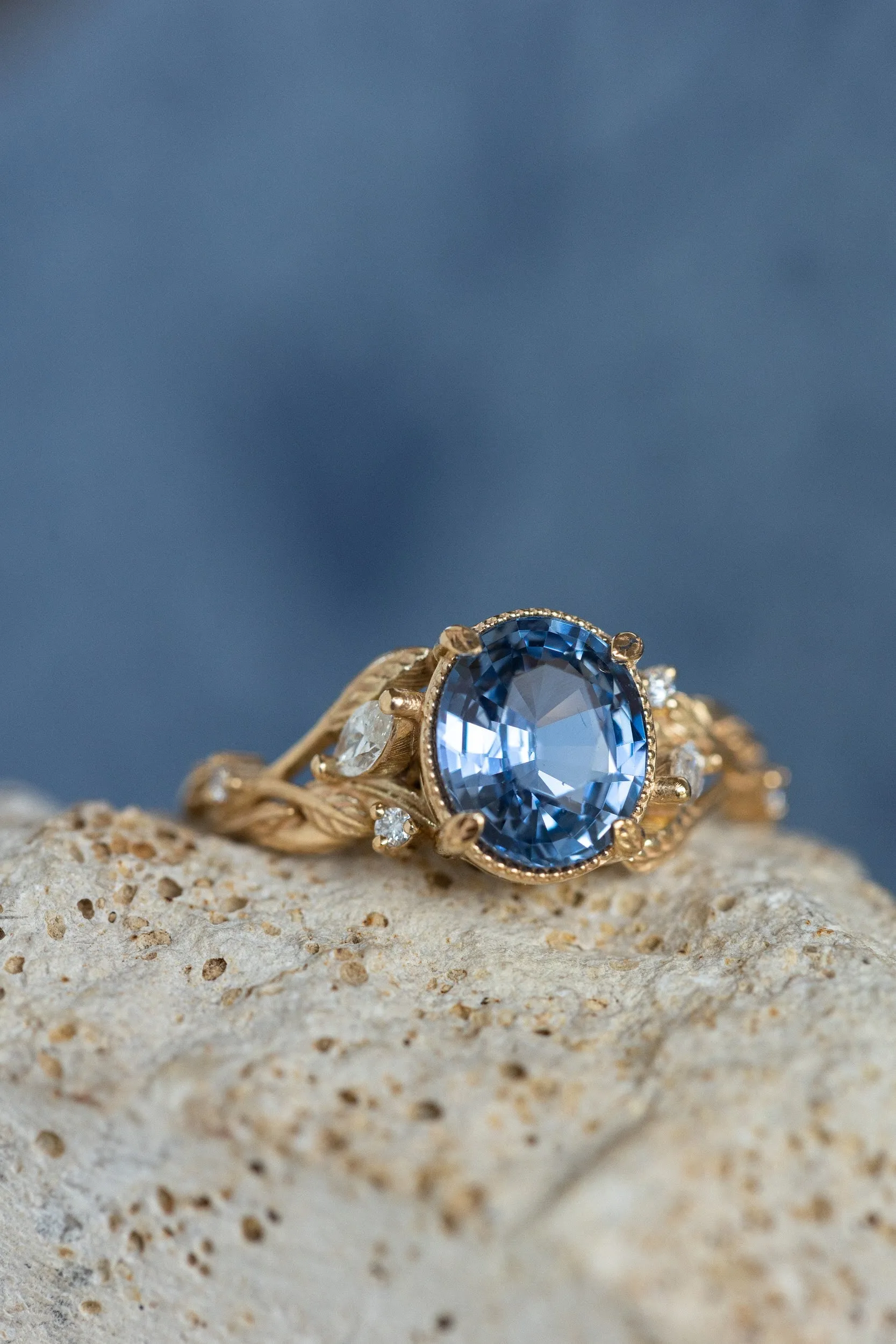 READY TO SHIP: Patricia ring in 14K yellow gold, natural sapphire oval cut 8x6* mm, accent natural diamonds, AVAILABLE RING SIZES: 6-8US