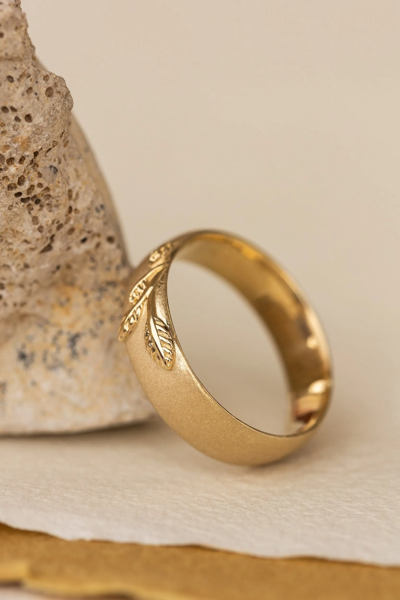 READY TO SHIP: Satin wedding band with branch, sandblast finish, 6 mm wide, RING SIZE 8.75-10.75US