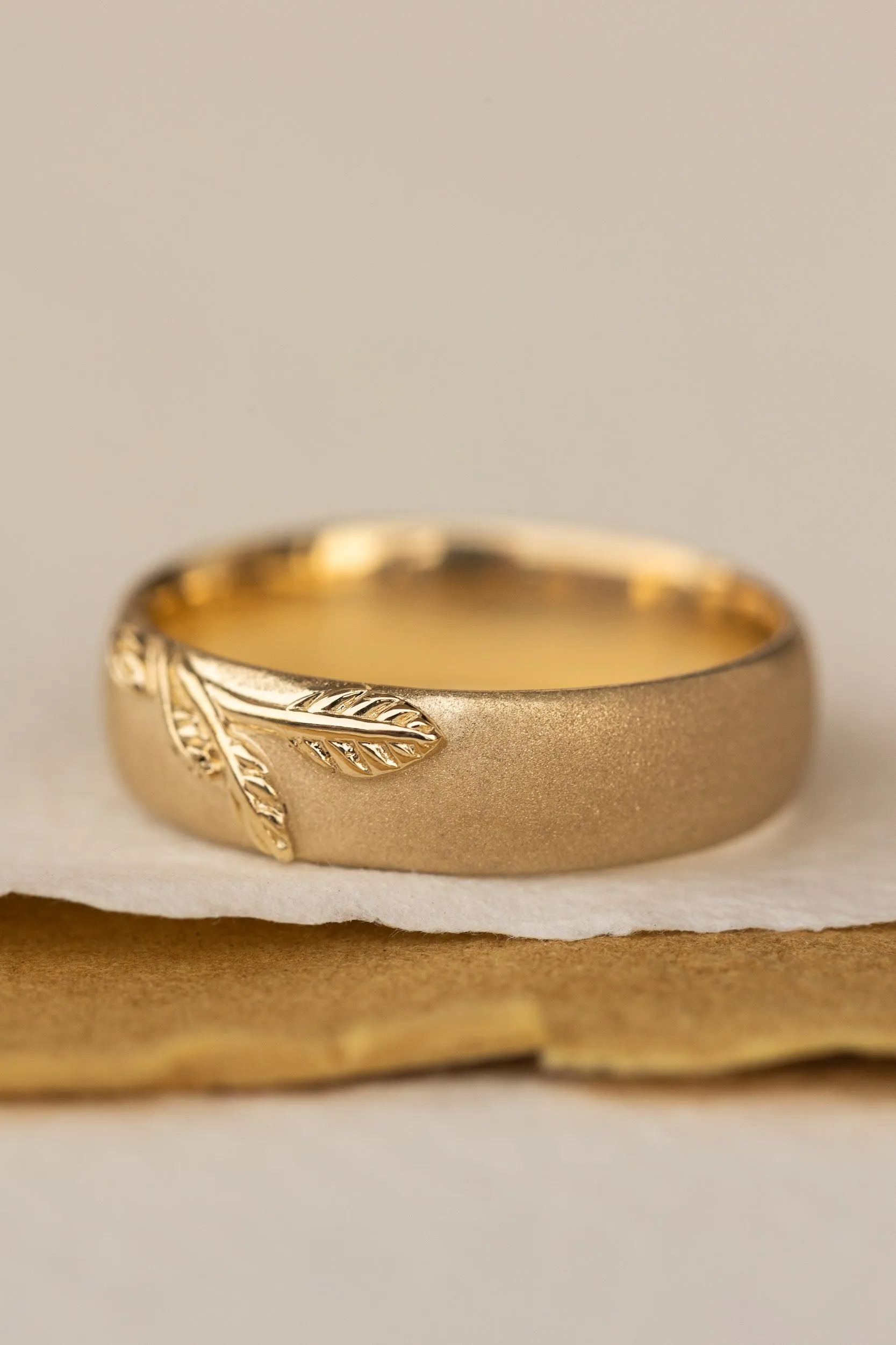 READY TO SHIP: Satin wedding band with branch, sandblast finish, 6 mm wide, RING SIZE 8.75-10.75US