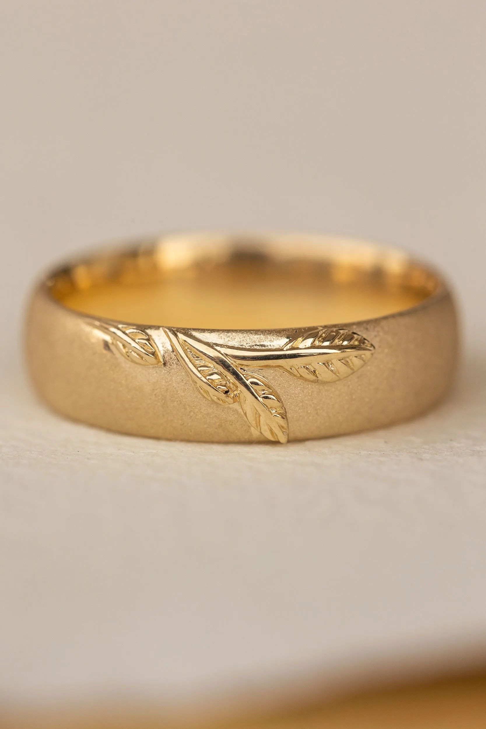 READY TO SHIP: Satin wedding band with branch, sandblast finish, 6 mm wide, RING SIZE 8.75-10.75US