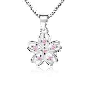 Rhinestone Pink Flower Pendant Silver Necklace