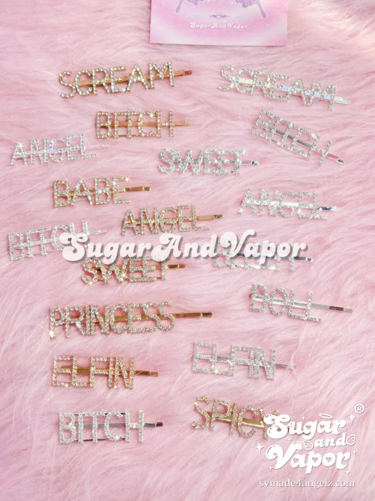 Rhinestone Statement Words Hair Pins (Drippin Glam Damn...)