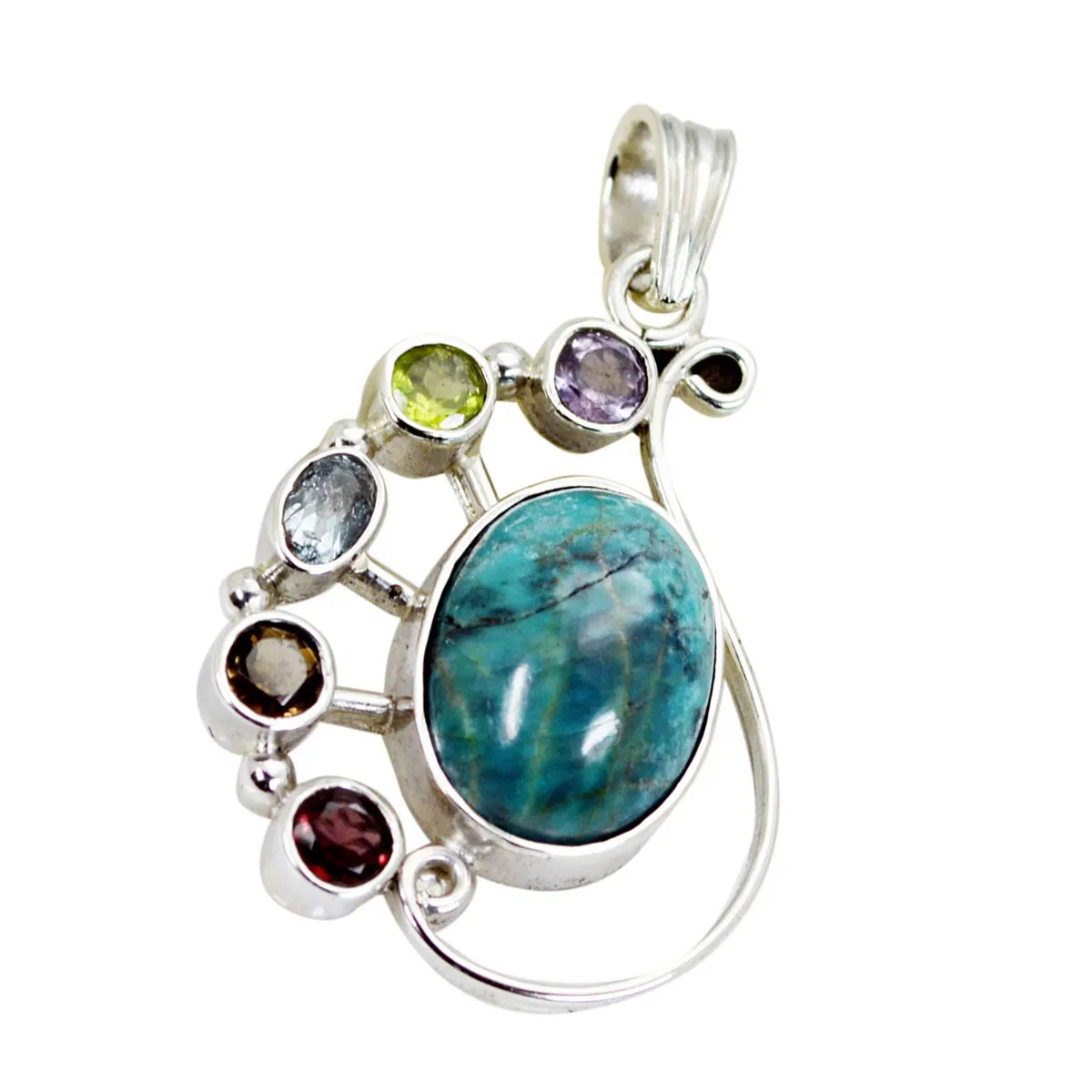 Riyo Alluring Gems Oval Cabochon Multi Color Multi Stone Solid Silver Pendant Gift For Anniversary