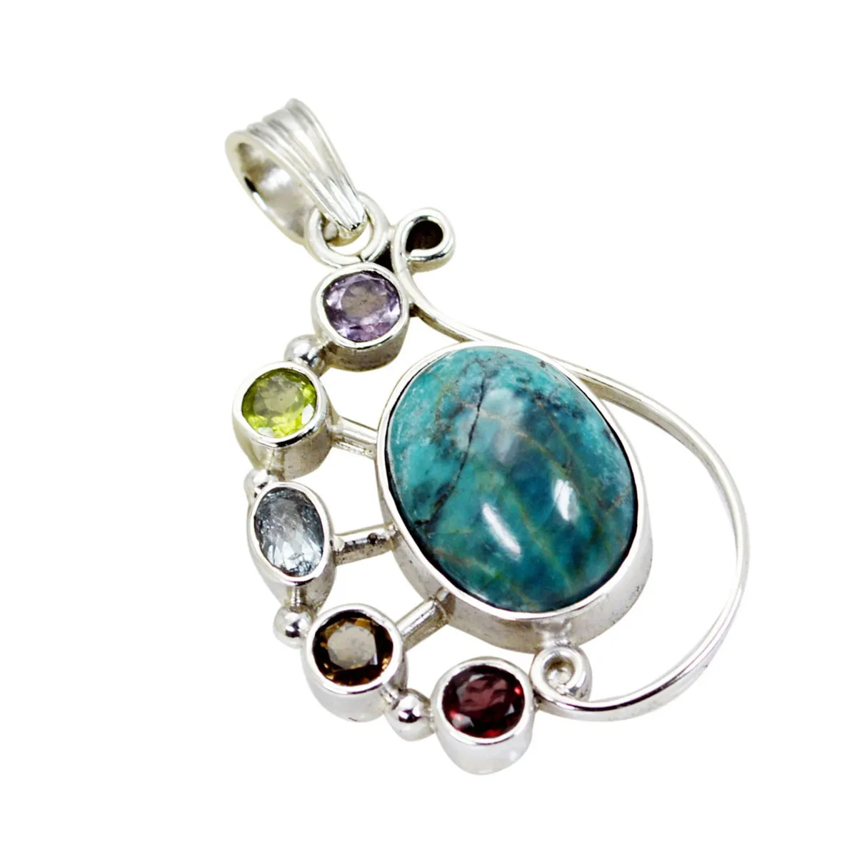 Riyo Alluring Gems Oval Cabochon Multi Color Multi Stone Solid Silver Pendant Gift For Anniversary