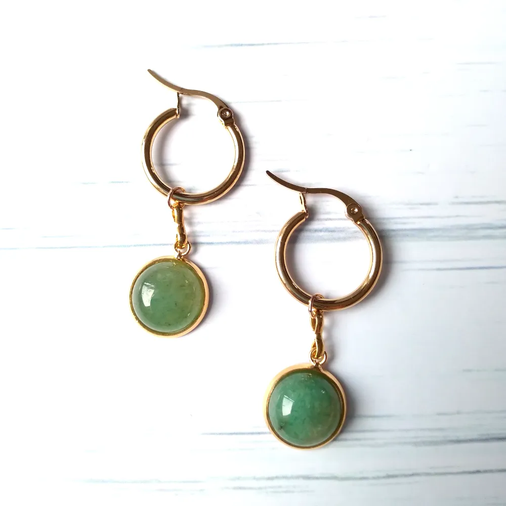 Round Aventurine Single Gem Drop Hoop Earrings