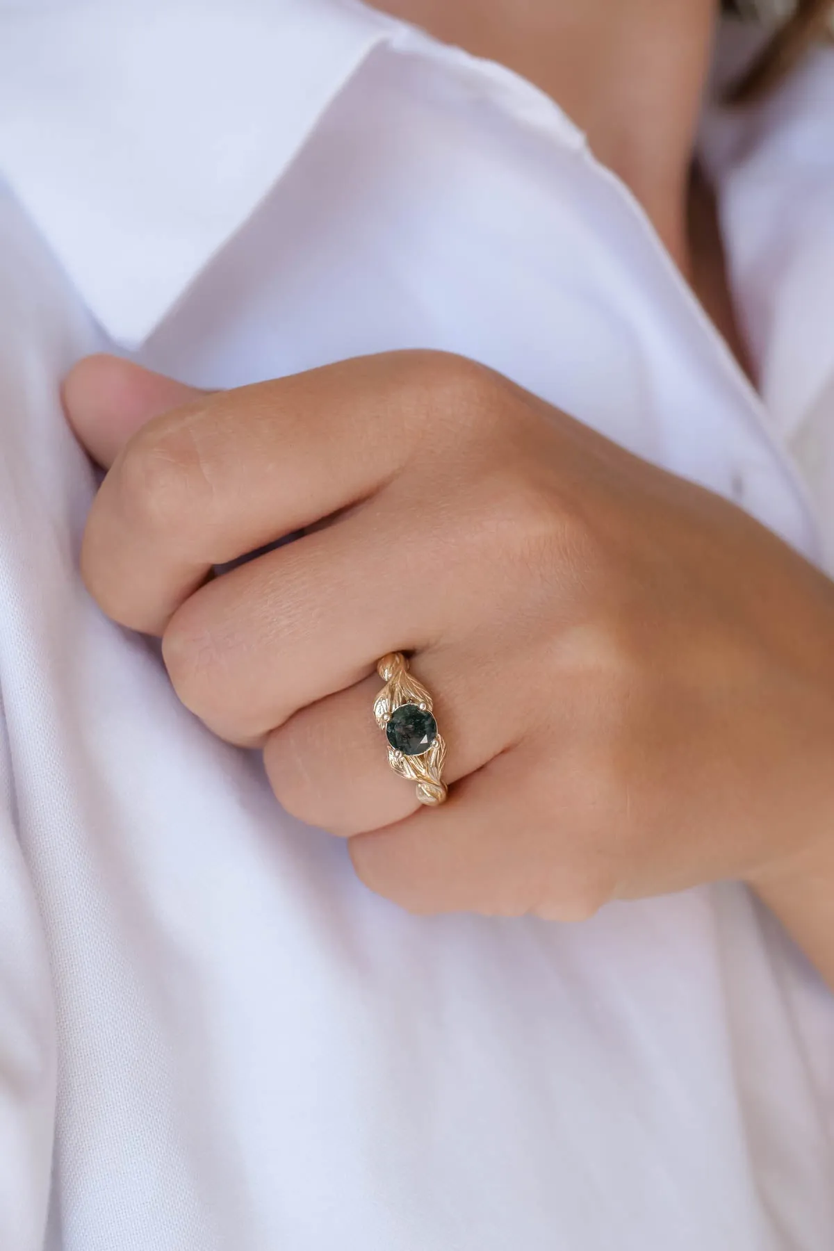 Round moss agate leaf engagement ring / Clematis