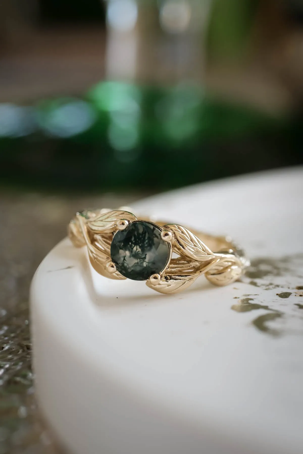 Round moss agate leaf engagement ring / Clematis