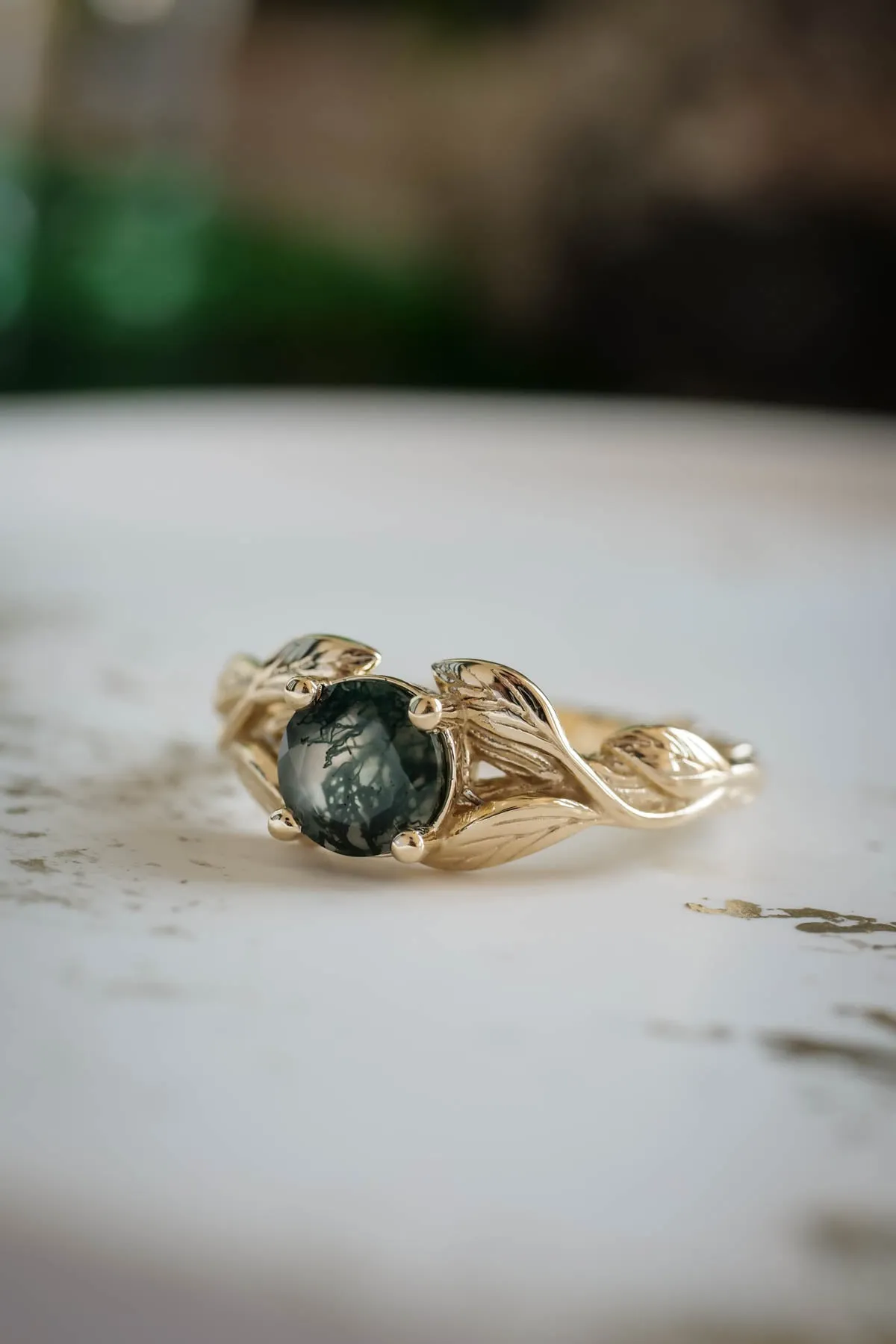 Round moss agate leaf engagement ring / Clematis