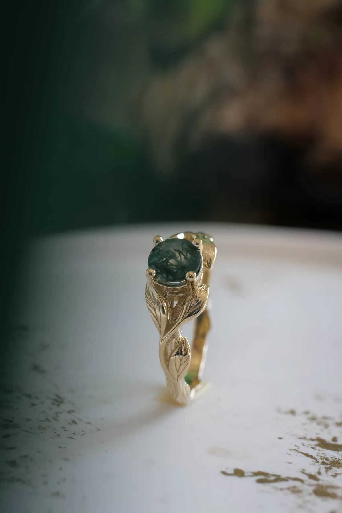 Round moss agate leaf engagement ring / Clematis