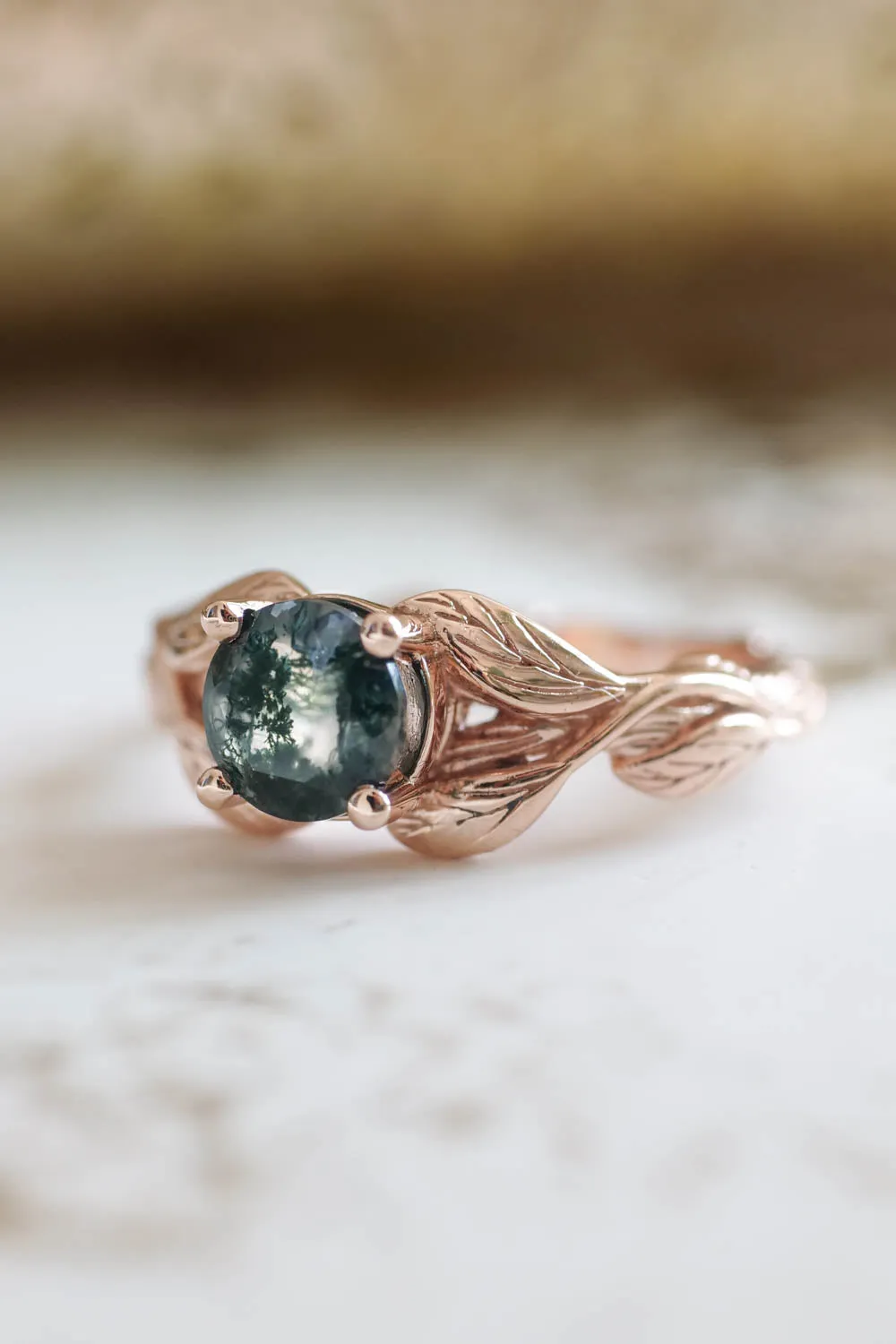 Round moss agate leaf engagement ring / Clematis