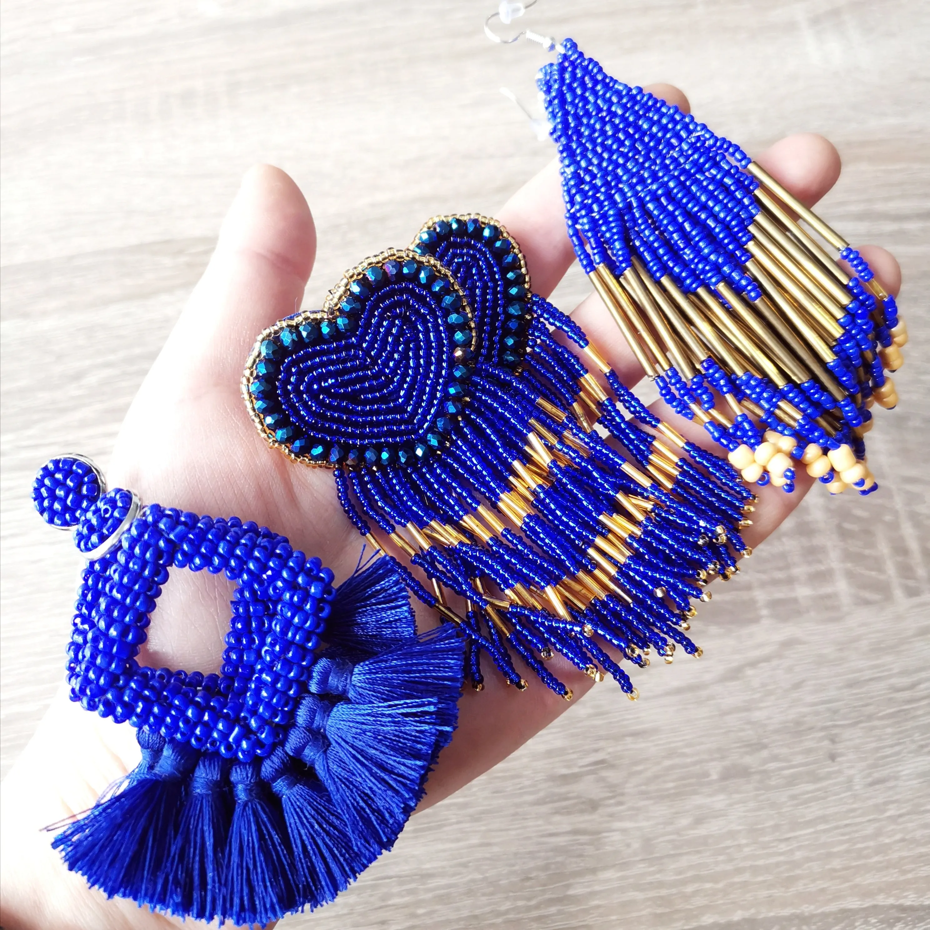 ROYALBEIER Large Tassel Earrings Bohemia Handmade Blue Beads Earrings