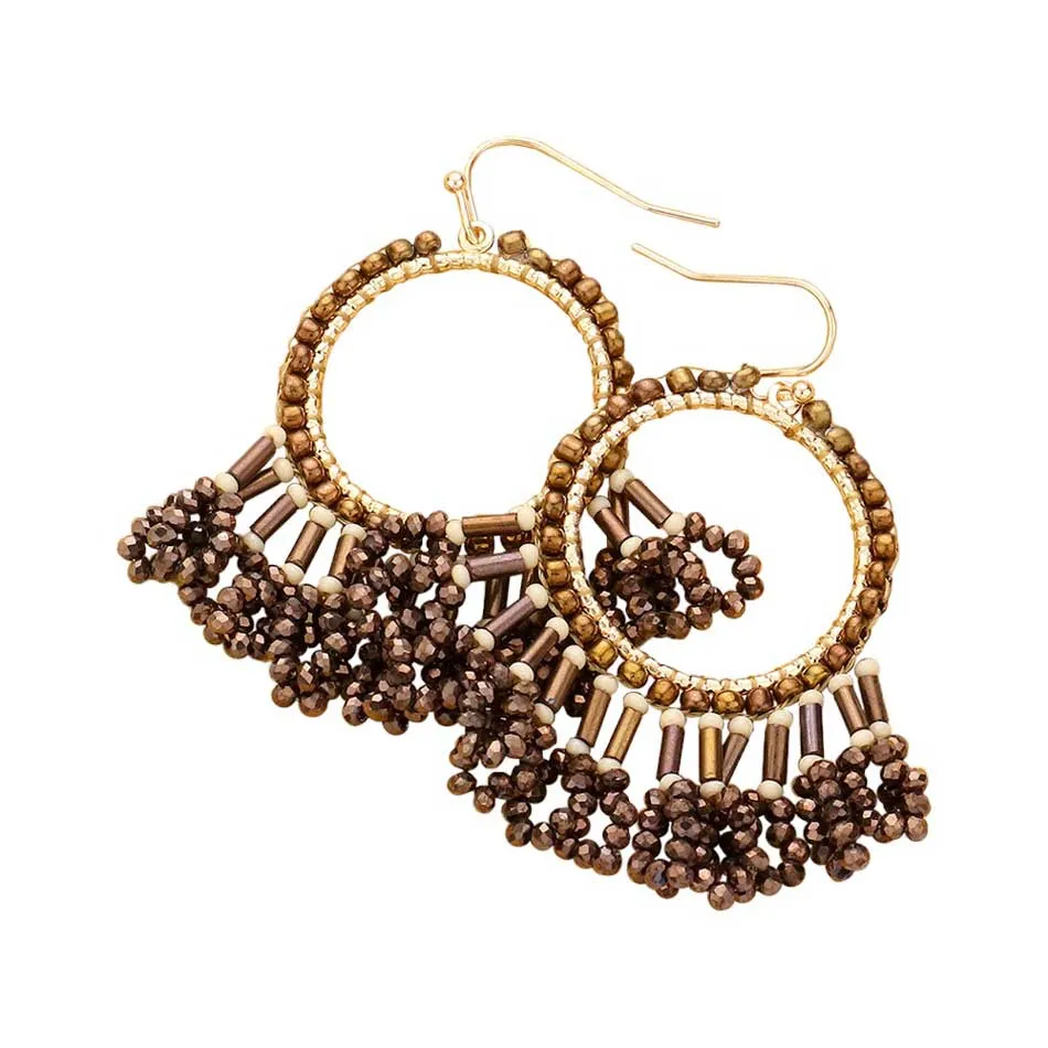 Seed Beaded Fringe Metallic Tiered Circle Dangle Earrings