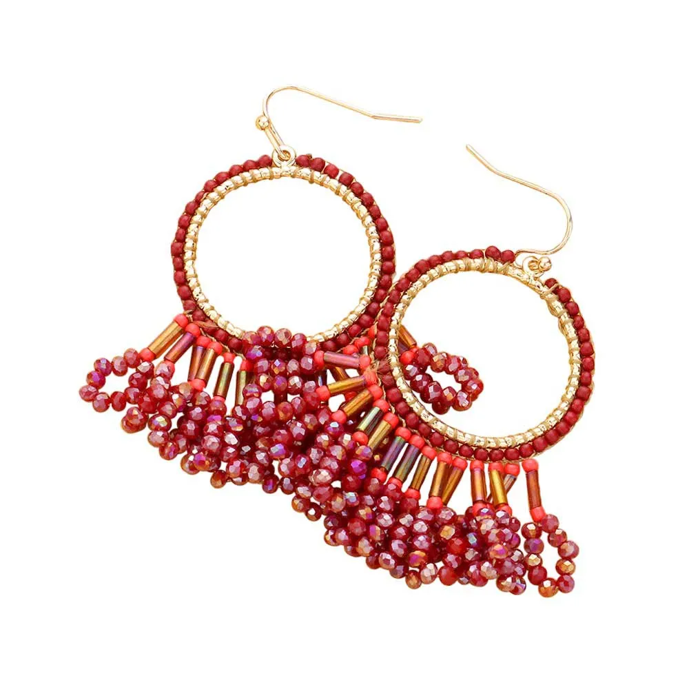 Seed Beaded Fringe Metallic Tiered Circle Dangle Earrings