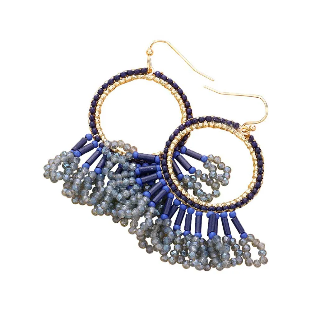 Seed Beaded Fringe Metallic Tiered Circle Dangle Earrings