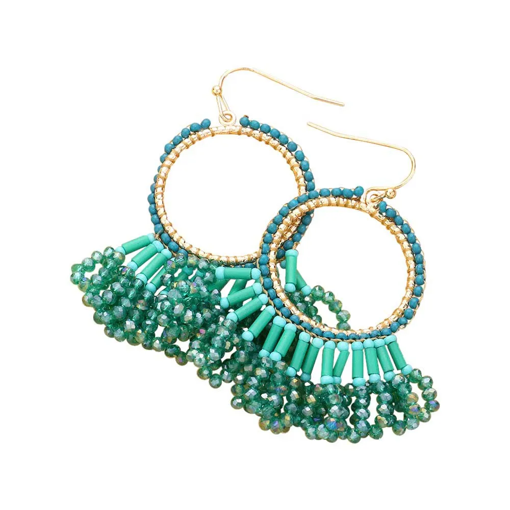 Seed Beaded Fringe Metallic Tiered Circle Dangle Earrings