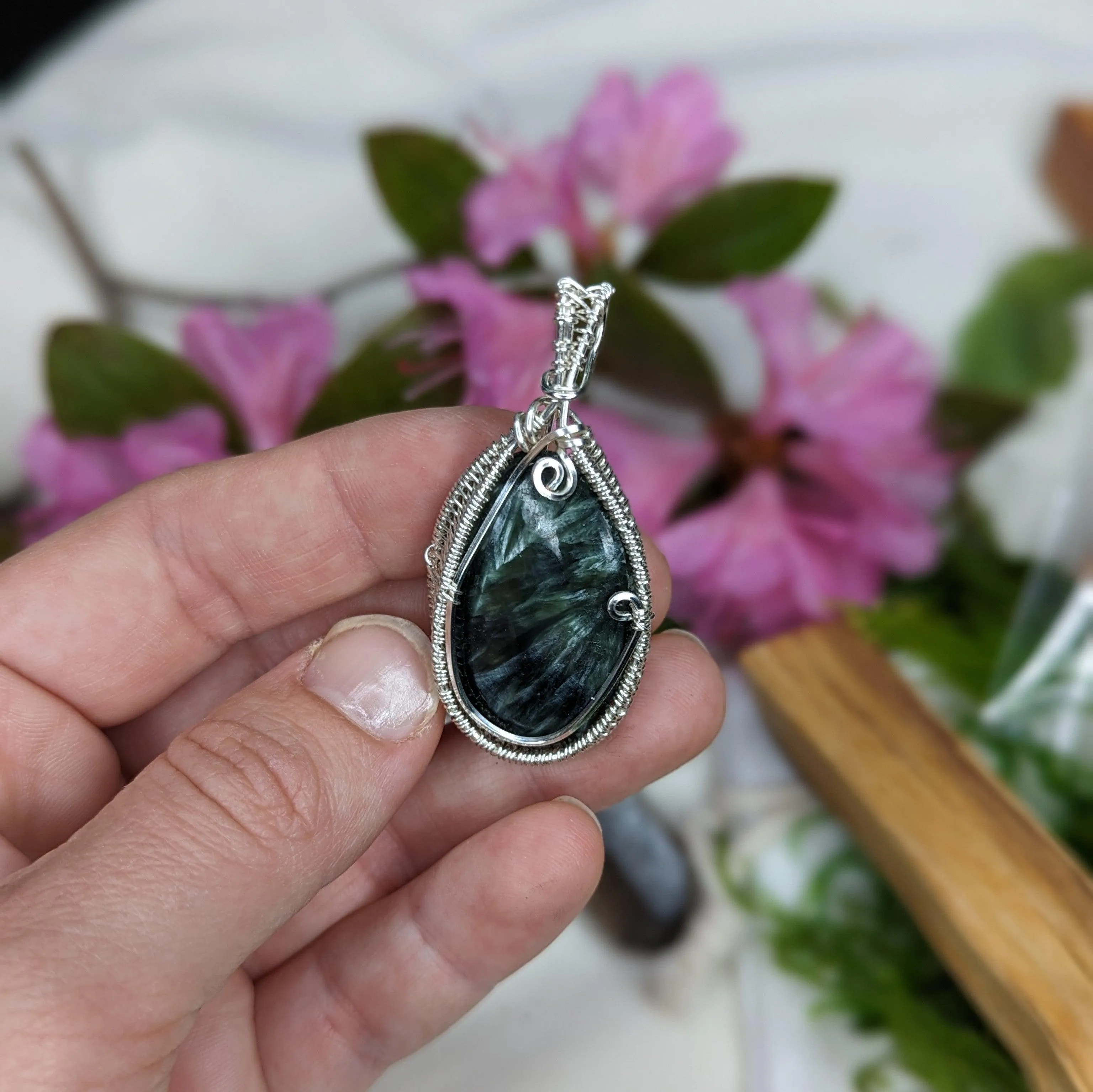 Seraphinite Pendant ~ Wire Wrapped ~ Includes Silver Chain