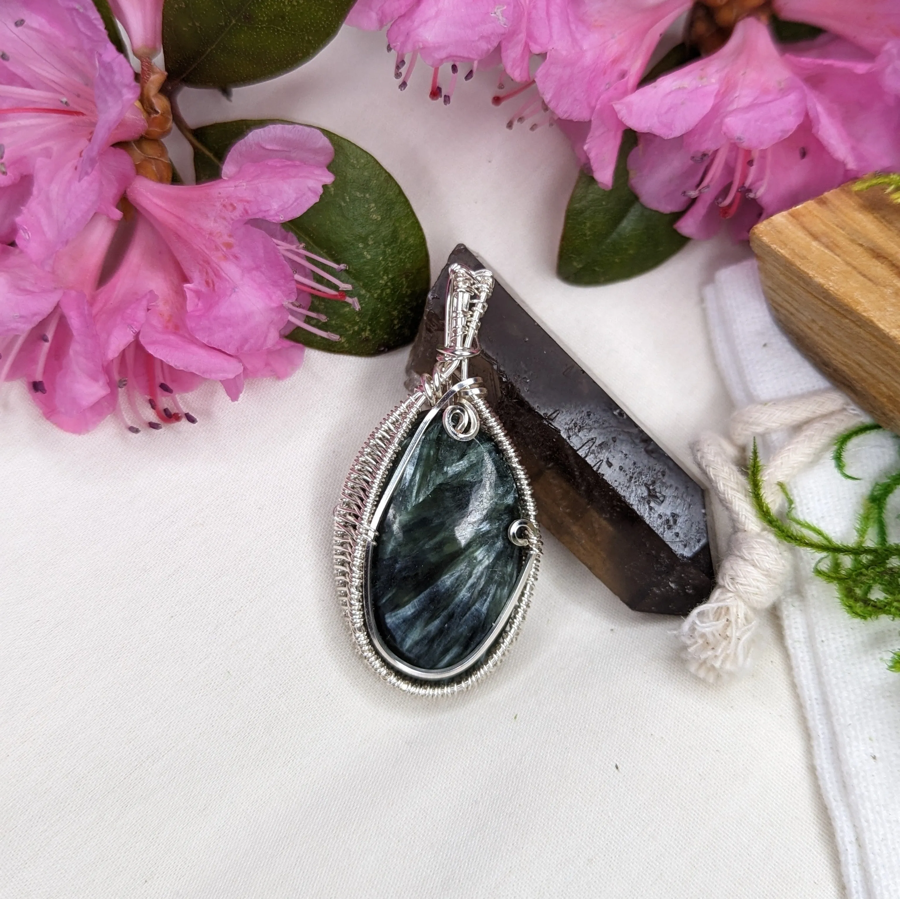 Seraphinite Pendant ~ Wire Wrapped ~ Includes Silver Chain